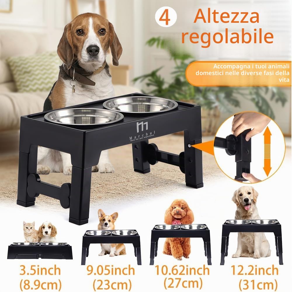 Marchul Ciotole Per Cani Rialzate, 4 Ciotole Rialzate Regolabili in Altezza con 2 Ciotole in Acciaio Inossidabile, Ciotola Antiscivolo Per Cibo e Acqua Per Cani con Supporto