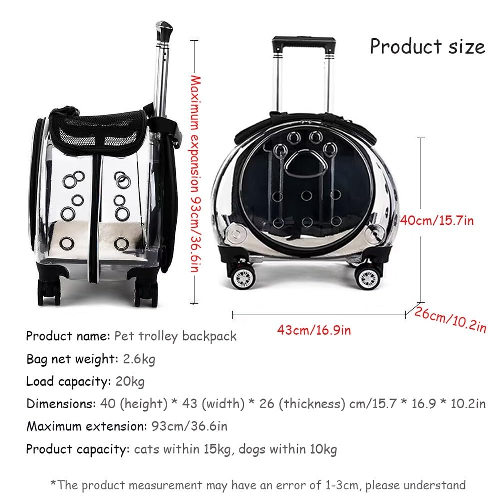 Transportín for Gatos con Ruedas,Mochila de Viaje portátil Plegable Transparente Perros y Gatos con asa telescópica,Carrito Mascotas,Bolsa de Gran Capacidad,cápsula Espacial Gatitos(Pink)