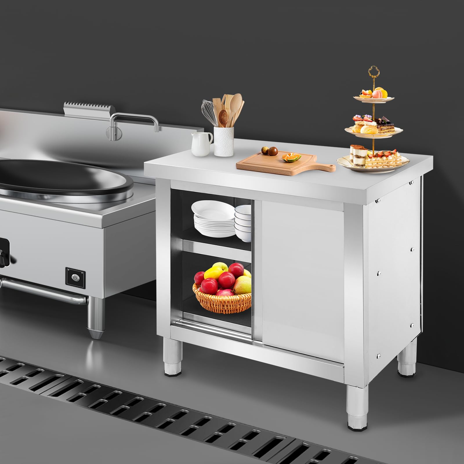 armadio in acciaio inox con ante scorrevoli, tavolo da cucina in acciaio inox per uso esterno, tavolo da lavoro indipendente per cucina da ristorante, garage e cucina (80 * 50 * 80 cm)