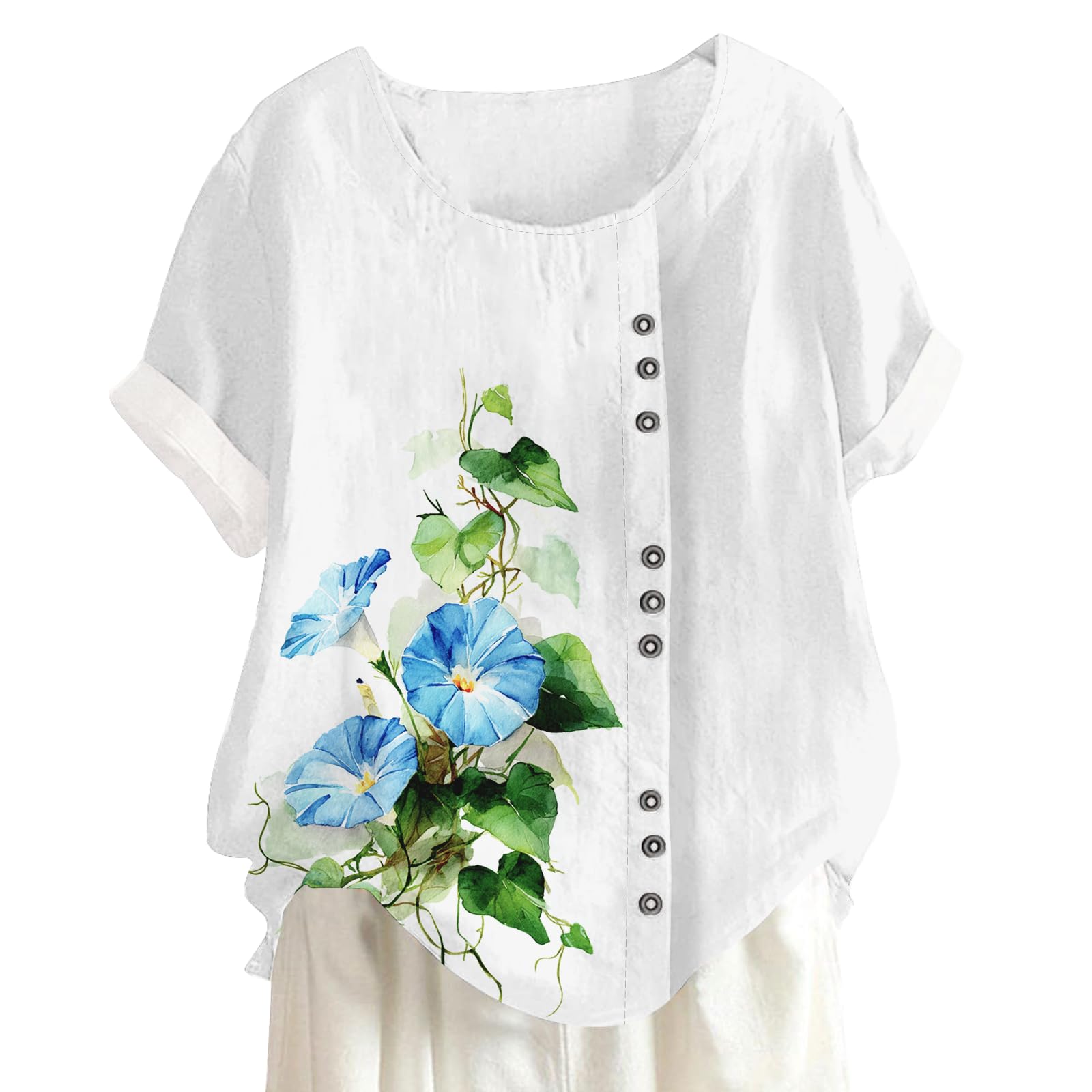 Womens Casual Shirt Floral Graphic Blouse Fashion Summer Short Sleeve Crewneck Tops Comfy Loose Fit Pullover Daily
