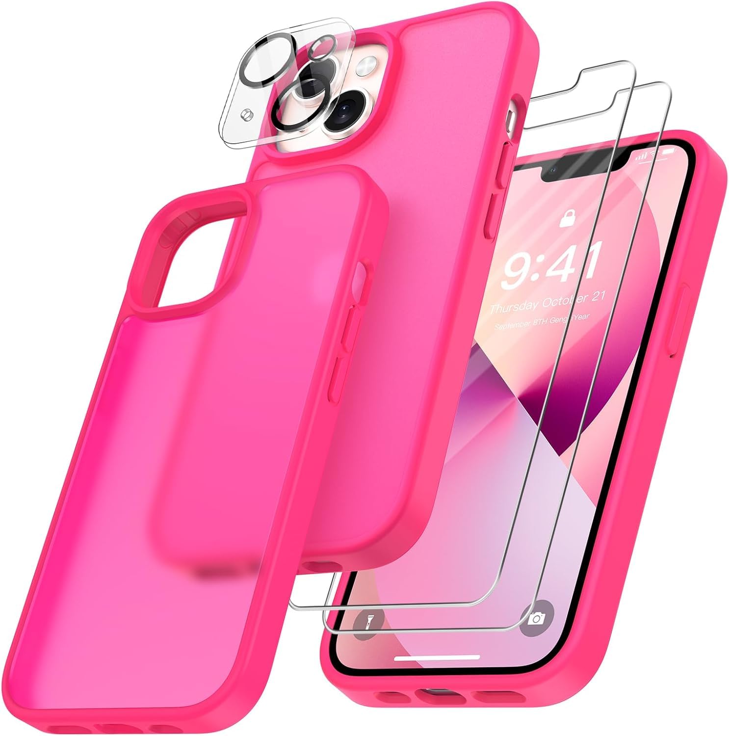 FLLAO 4 in 1 Cover per iPhone 13 Custodia con 2 Pellicola Vetro Temperato e 1 Fotocamera Protettiva, [Cuscino d'aria integrato] Morbido TPU Bumper Protection Cover iPhone 13, Rosa Calda