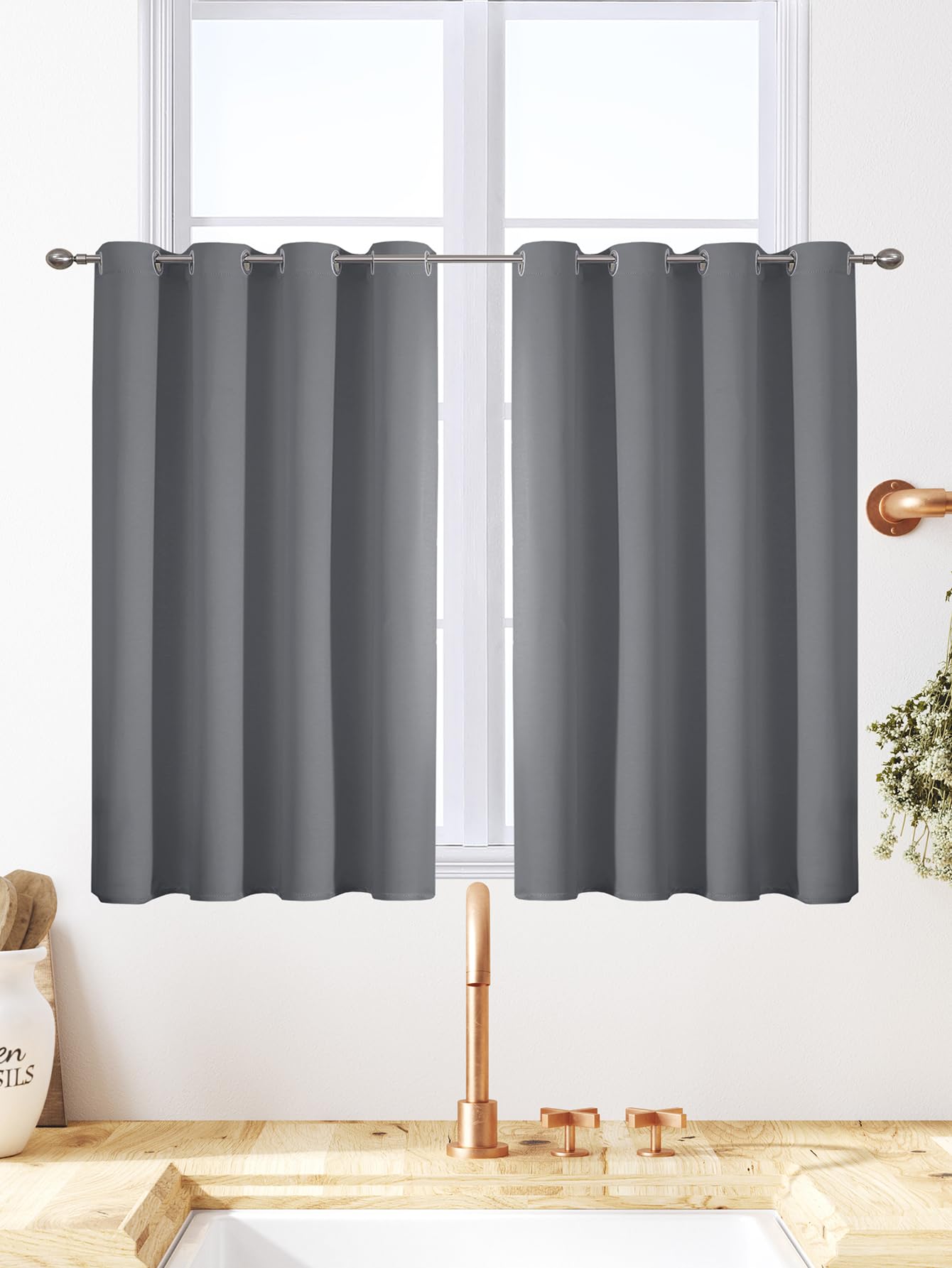 VEHEDE Grau Ösenvorhang Gardinen Kurz Fenster Küche Thermovorhang gegen Kälte Übergardinen 2er Set Vorhänge Schlafzimmer mit Ösen Vorhang Verdunkelung Wohnzimmer, H 84 x B 117 cm