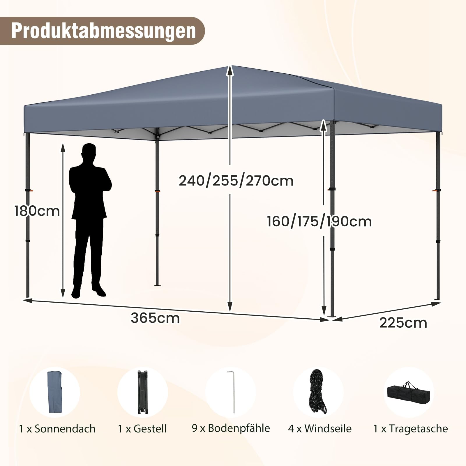 COSTWAY Pawilon składany typu pop-up, 3 x 3 m, z regulacją wysokości, z torbą do przenoszenia, UV50+, w zestawie 8 śledzi i 4 linek wiatrowych, namiot imprezowy składany do ogrodu, na taras (szary