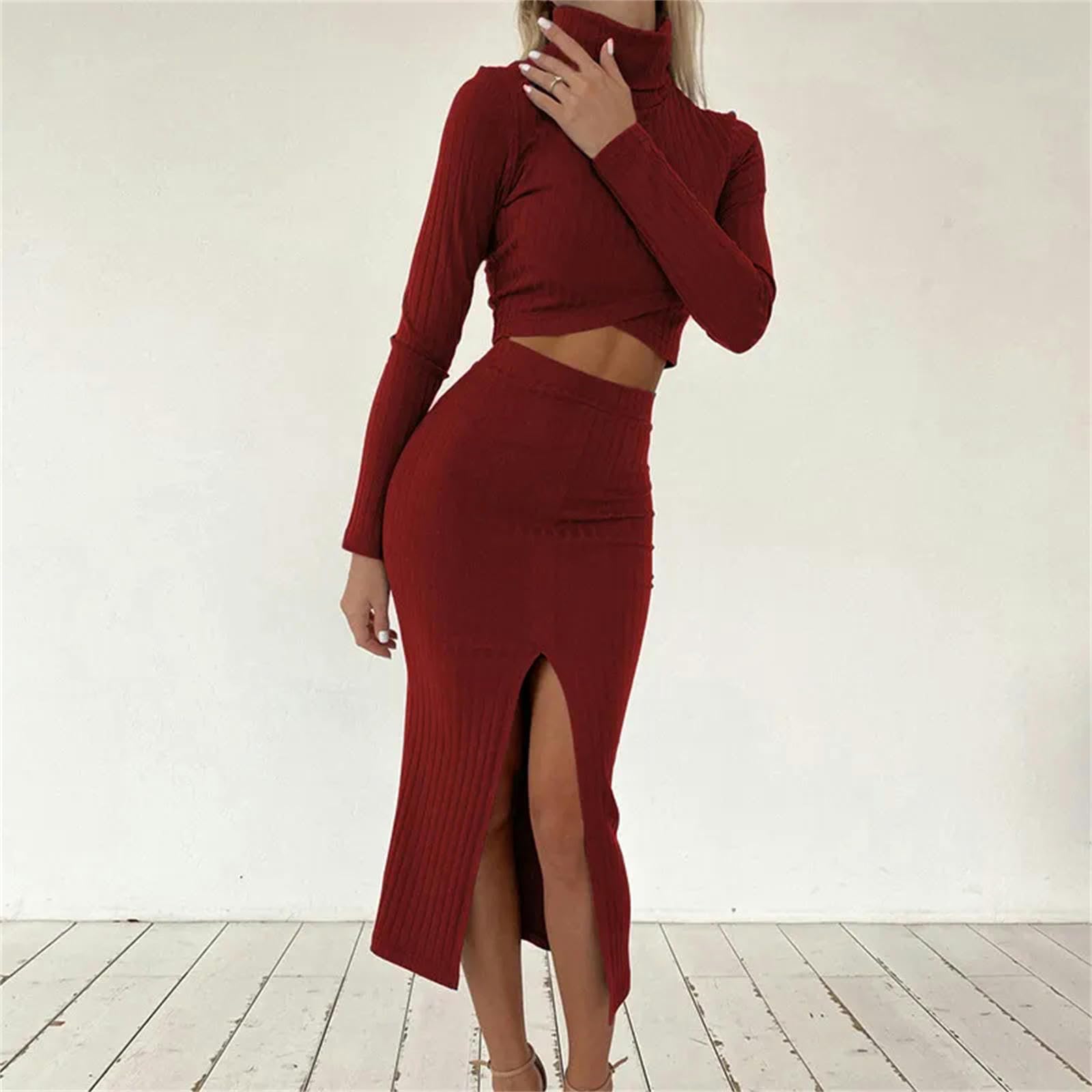 MdybF Jupe Longue Femme Hiver Femmes Skinny Col Roulé Jupe Midi Ensemble Ombilical Tops Side Sous - Traitance Hanches
