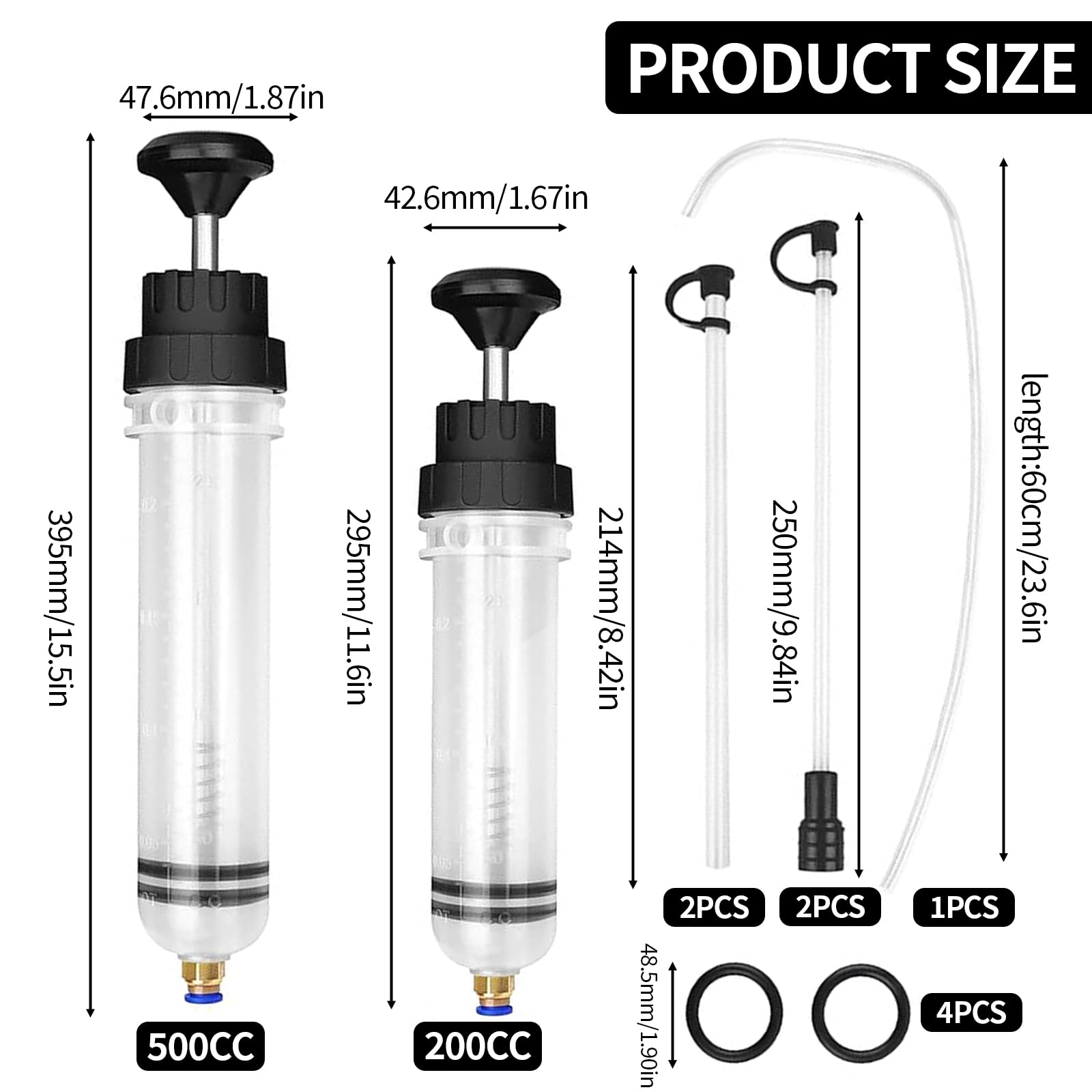 Pompe à Huile Manuelle 500ml + 200ml, Pompe d'extraction et de Remplissage pour Huile Moteur, Liquide de Refroidissement et Huile avec tuyaux Transparents et Tube d'extension de 60 cm