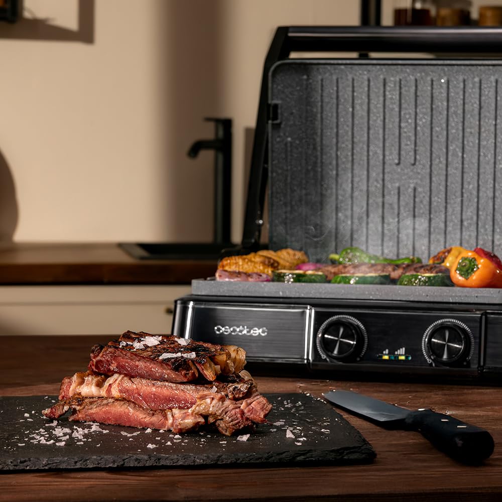 Cecotec Rock'nGrill 2200 Dual Grill elektryczny 2200 W, otwarcie 180°, podwójna temperatura, nieprzywierająca RockStone, odwrócone płyty, zbierające, wskaźnik świetlny, 29 x 23 cm