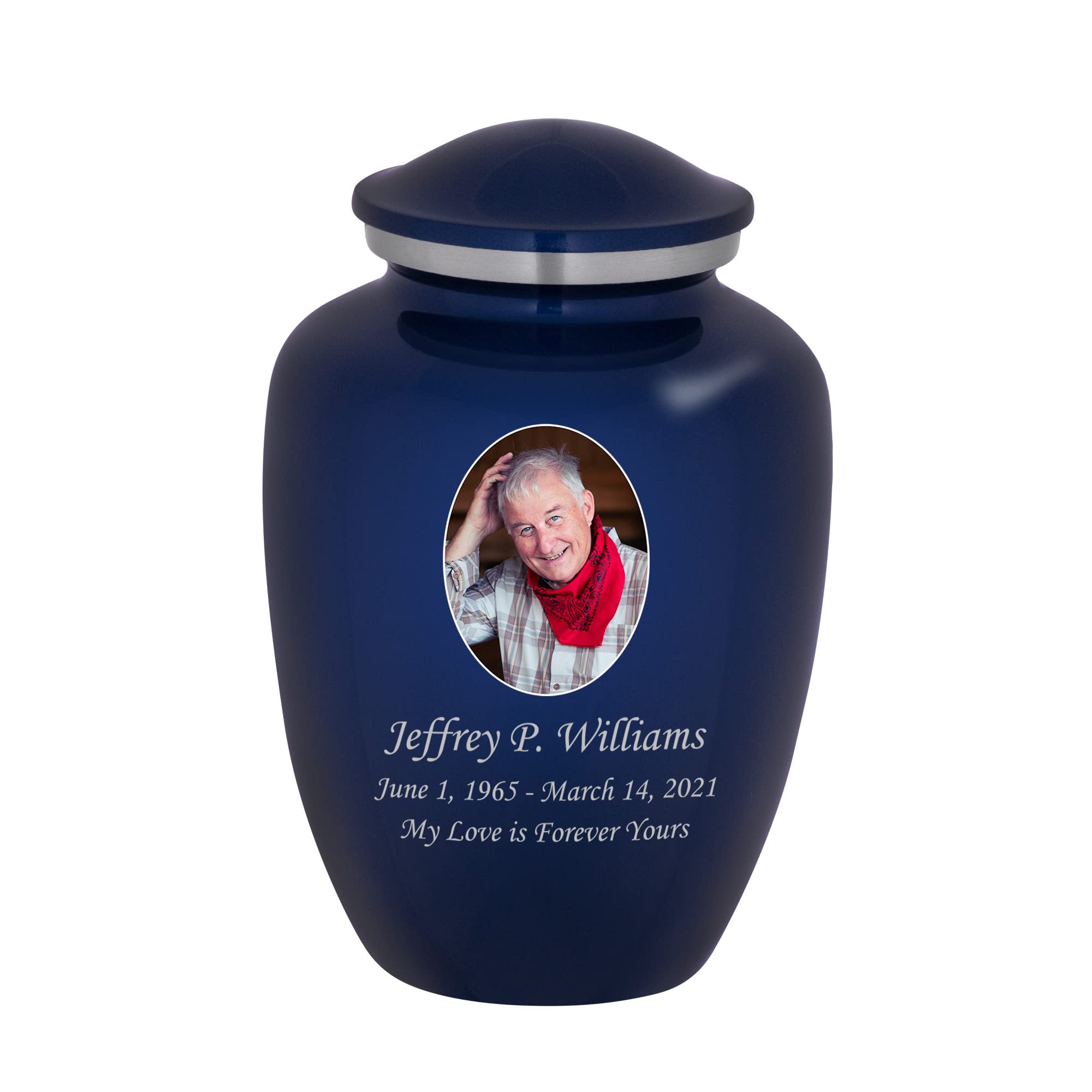 Homage Medium Engraved Custom Photo Cremation Urn for Human Ashes - Vase Style Cremation Urns for Adult Ashes - 80 Cubic Inch Capacity - Personalization Included (Sapphire Blue)