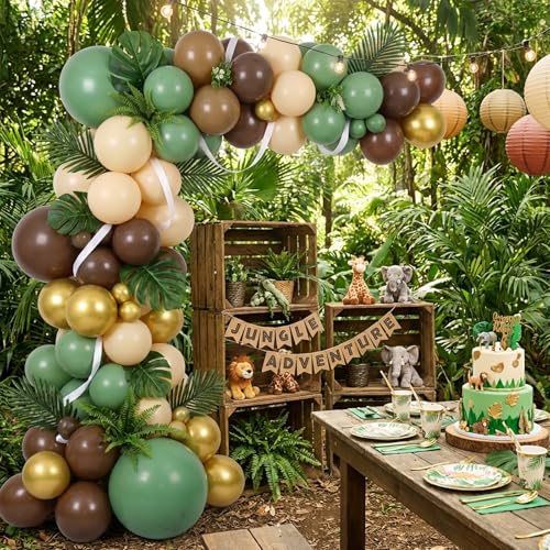 Image of RUBFAC Sage Green and Brown Balloons, 65pcs Olive Green Dark Brown Coffee Nude Gold Metallic Party Balloons for Camo Army Hunting Birthday Jungle Safari Woodland Floral
