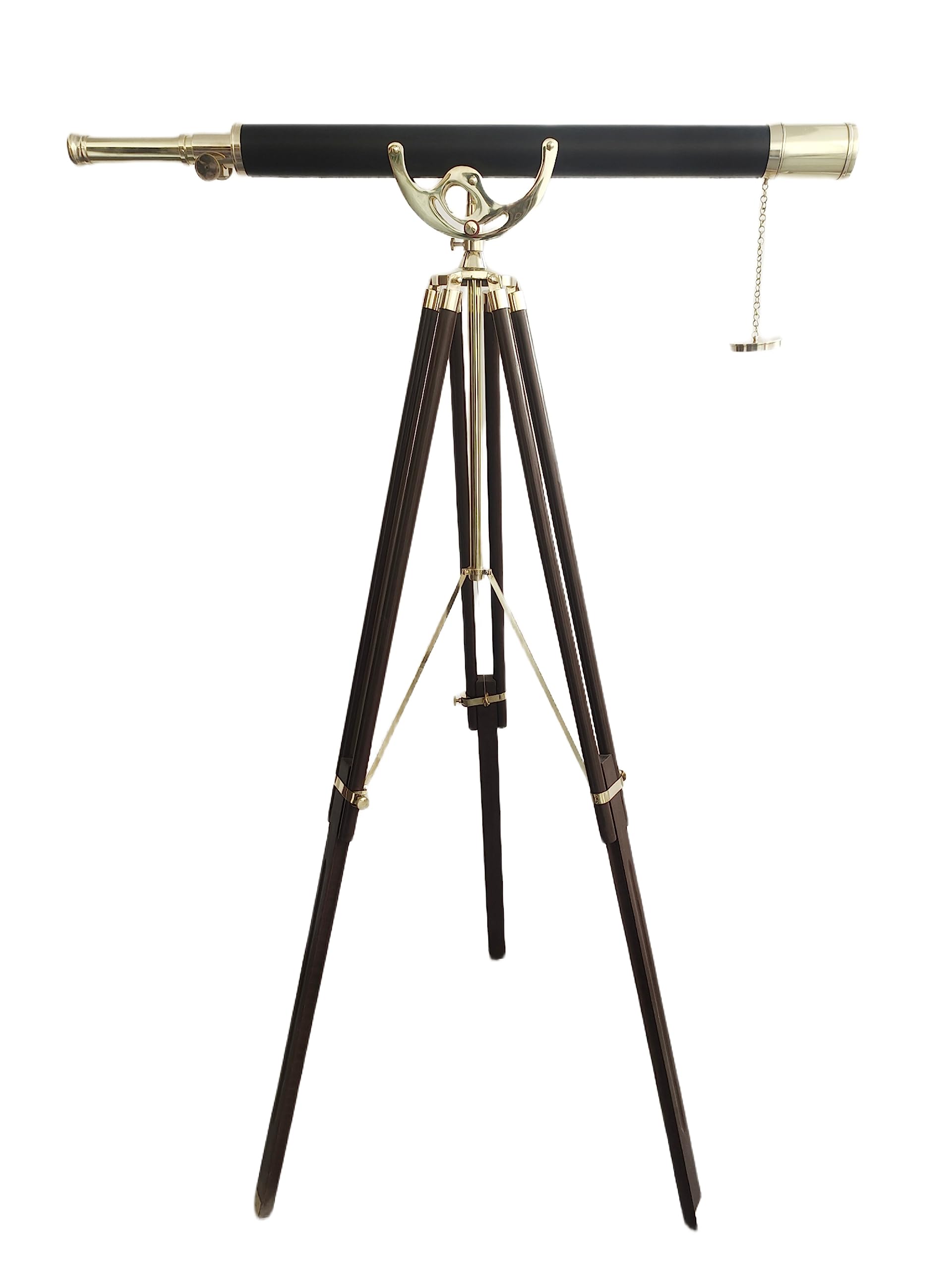 NAVIROCK Maritime Antique Floor Standing Brass & Leather Telescope Adjustable Wooden Tripod Stand Shiny Brass Finish Home Decor