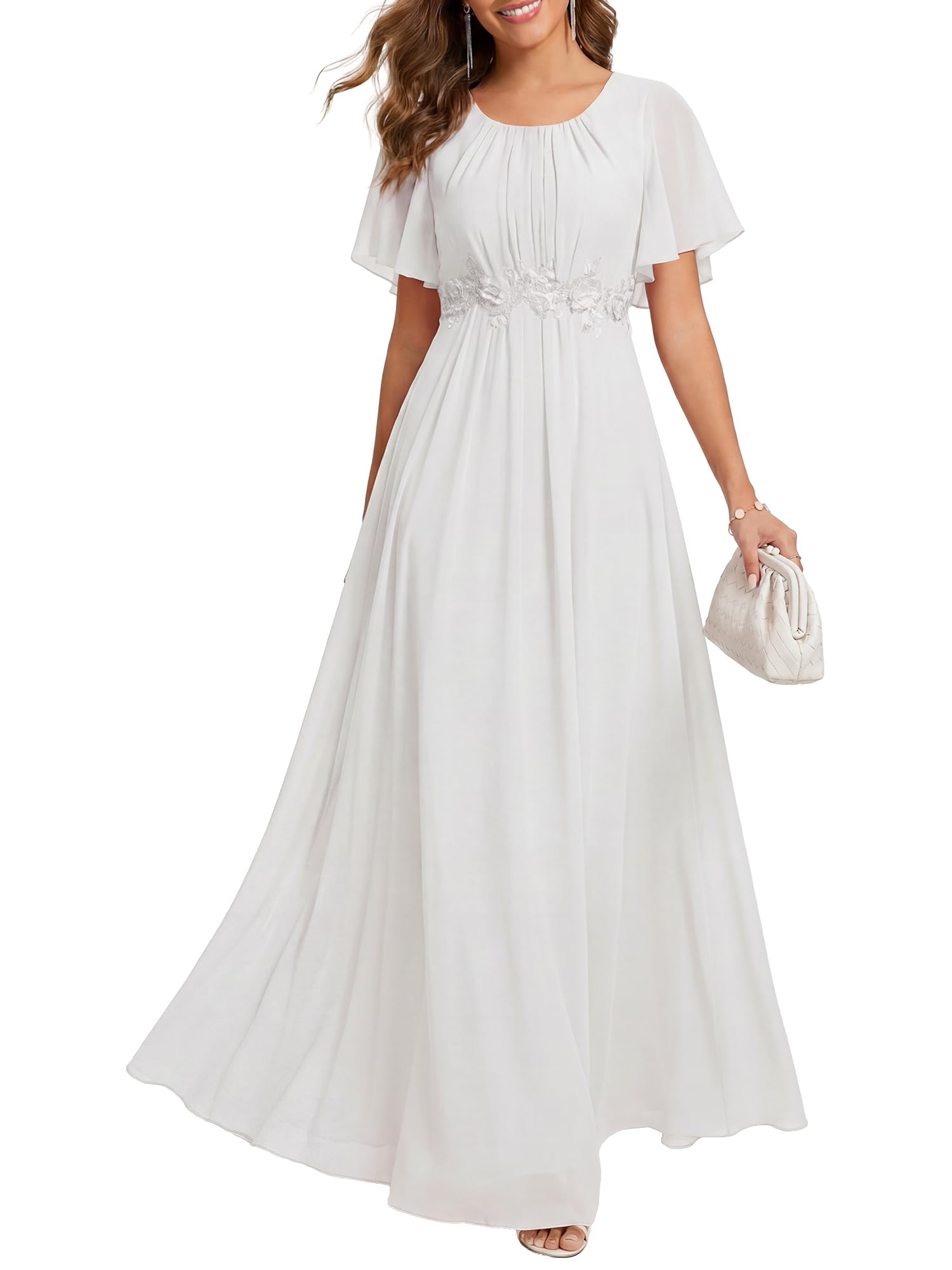 Ever-Pretty Women's Classic Round Neck Pleated Short Sleeves Chiffon Appliques Floor Length A Line Formal Evening Dresses