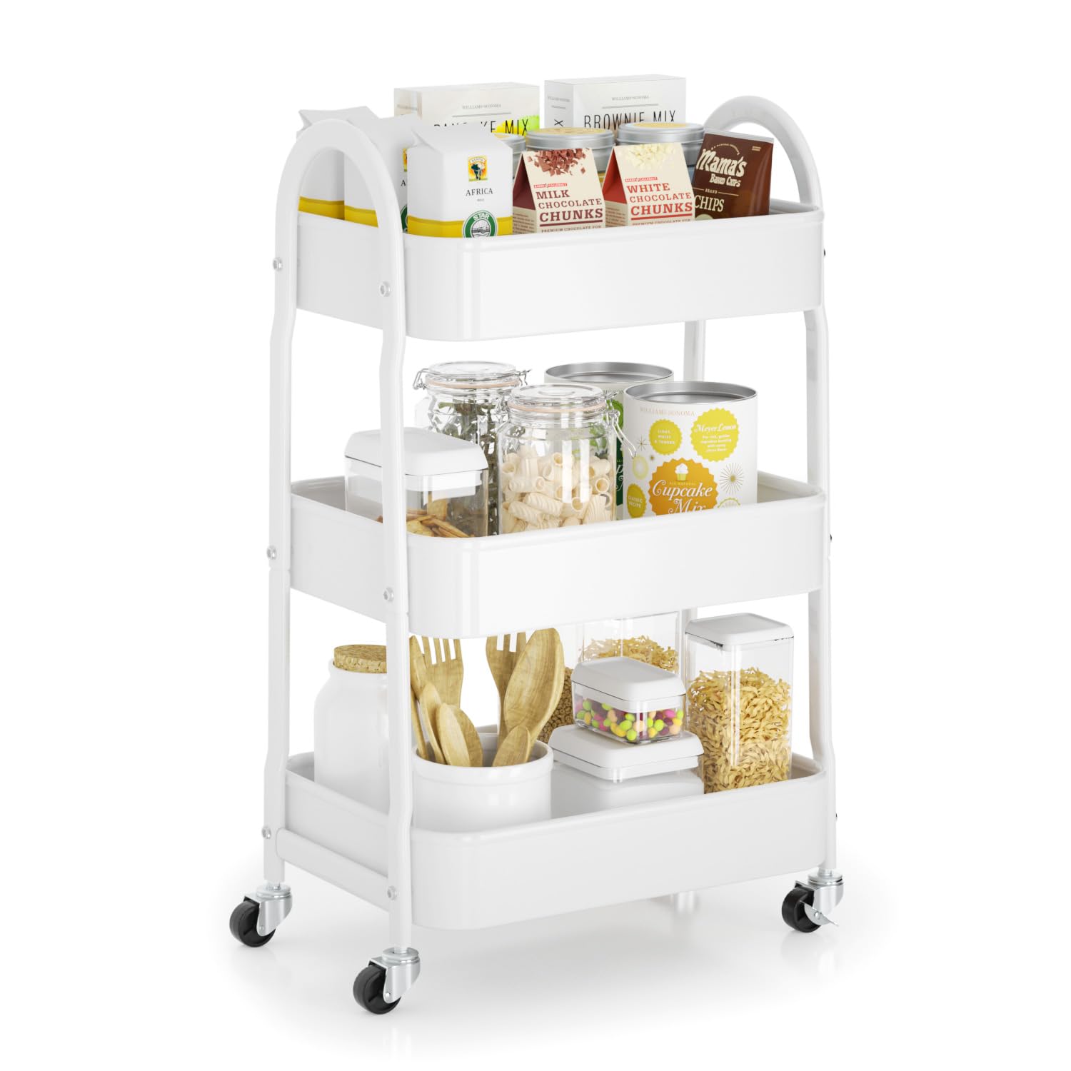 EAGMAK 3 Tier Rolling Cart Under Desk, Metal Storage Cart with Handle and Lockable Wheels, Multifunctional Storage Organizer Trolley with Mesh Baskets for Kitchen, Living Room, Office, Garage (White)