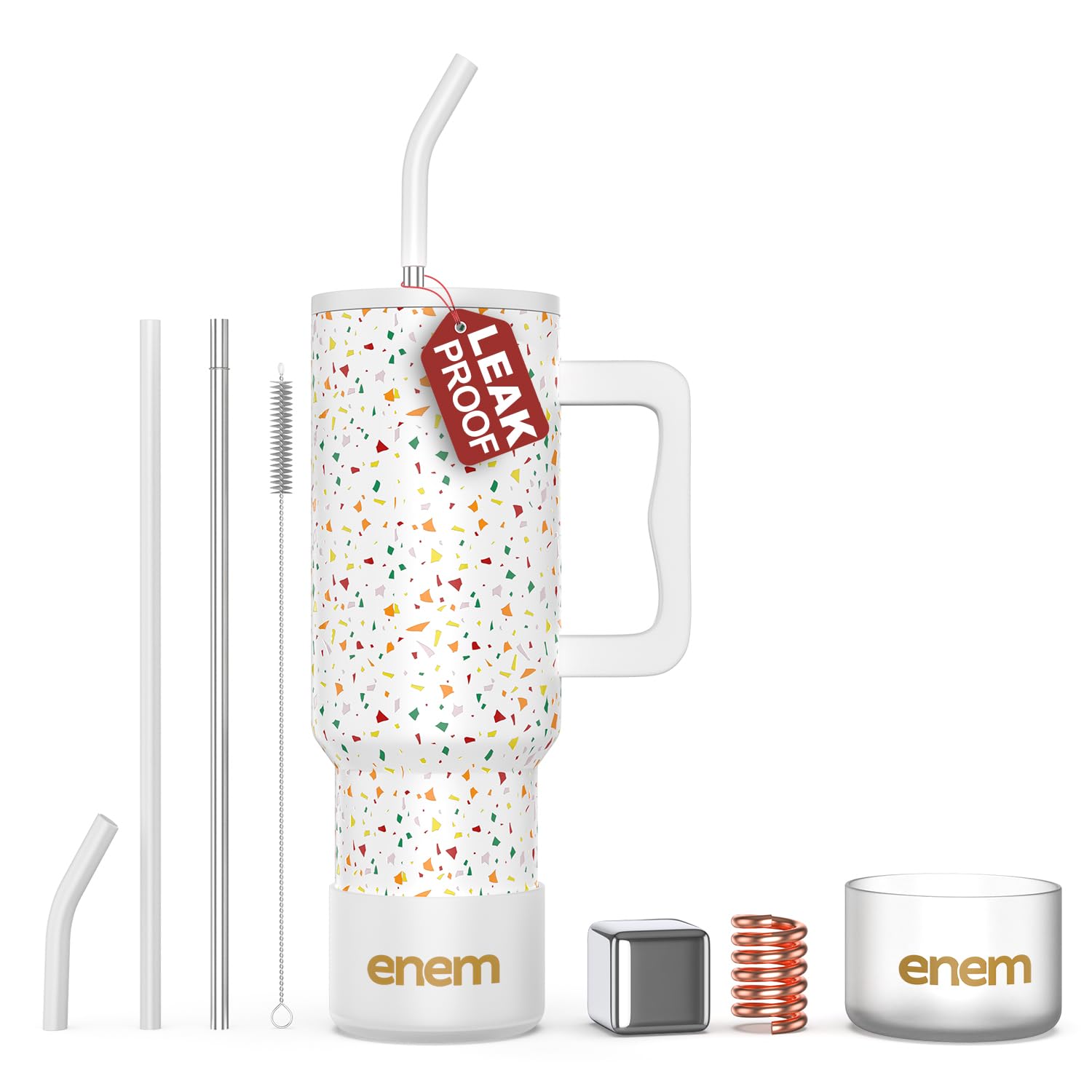 enem Tumbler, White Party Energy, Tumbler with Metal Straw, Sipper, with Lid Leak Proof, 1 Metal Ice Cube, 1 Copper Spring (Tamba), Base Protector, Mug Travel, 1.2L