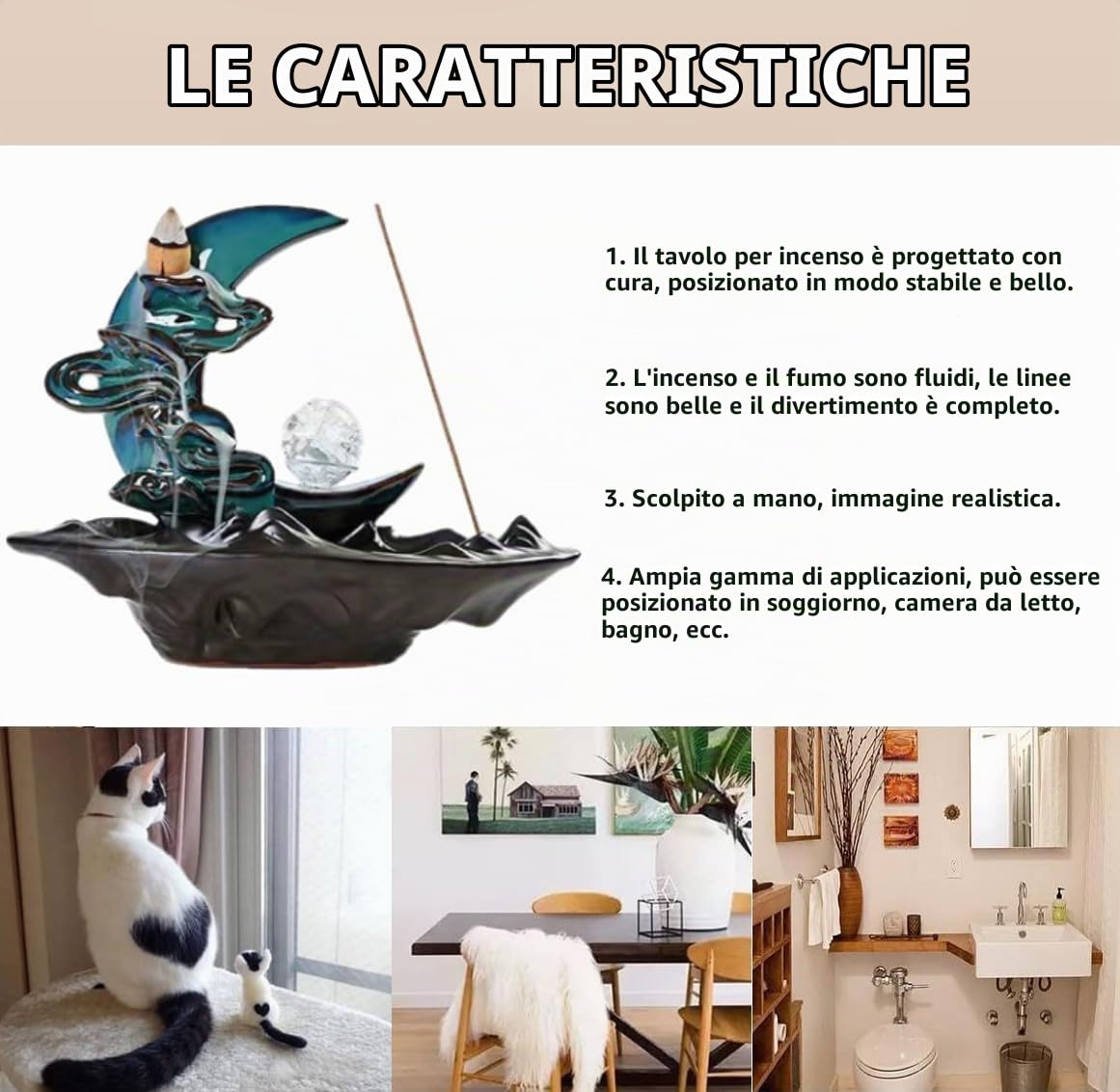 Brucia incenso a Cascata, Porta incenso a riflusso a Cascata,con 60 coni aggiornati+30 bastoncini di incenso, Porta incenso a Cascata,per decorazioni per la casa ornamento