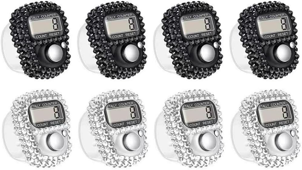 8PCS Electronic Finger Counter, Electronic Handheld Tally Counter, Digital Electronic Tasbeeh Counters, Manual Digital Clicker, for Row People, Score, Inventory, Store (Black, White)