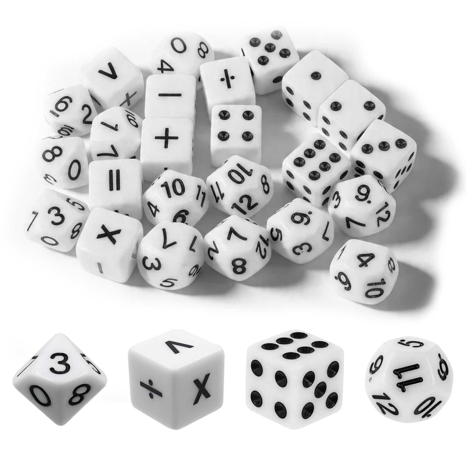24 Sets Four Types Black and White Calculation Dice, Each With 6 Maths Operation Dice for Children's Teaching Materials and Dice Games.