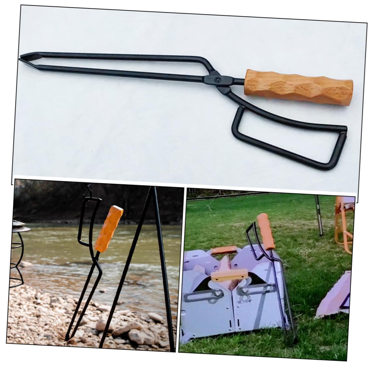 Pinza per Carboni da Barbecue Manico in Legno, Ferro | Stufa Interno e Campeggio, Impugnatura Ispessita, per Spostare Legna da Ardere