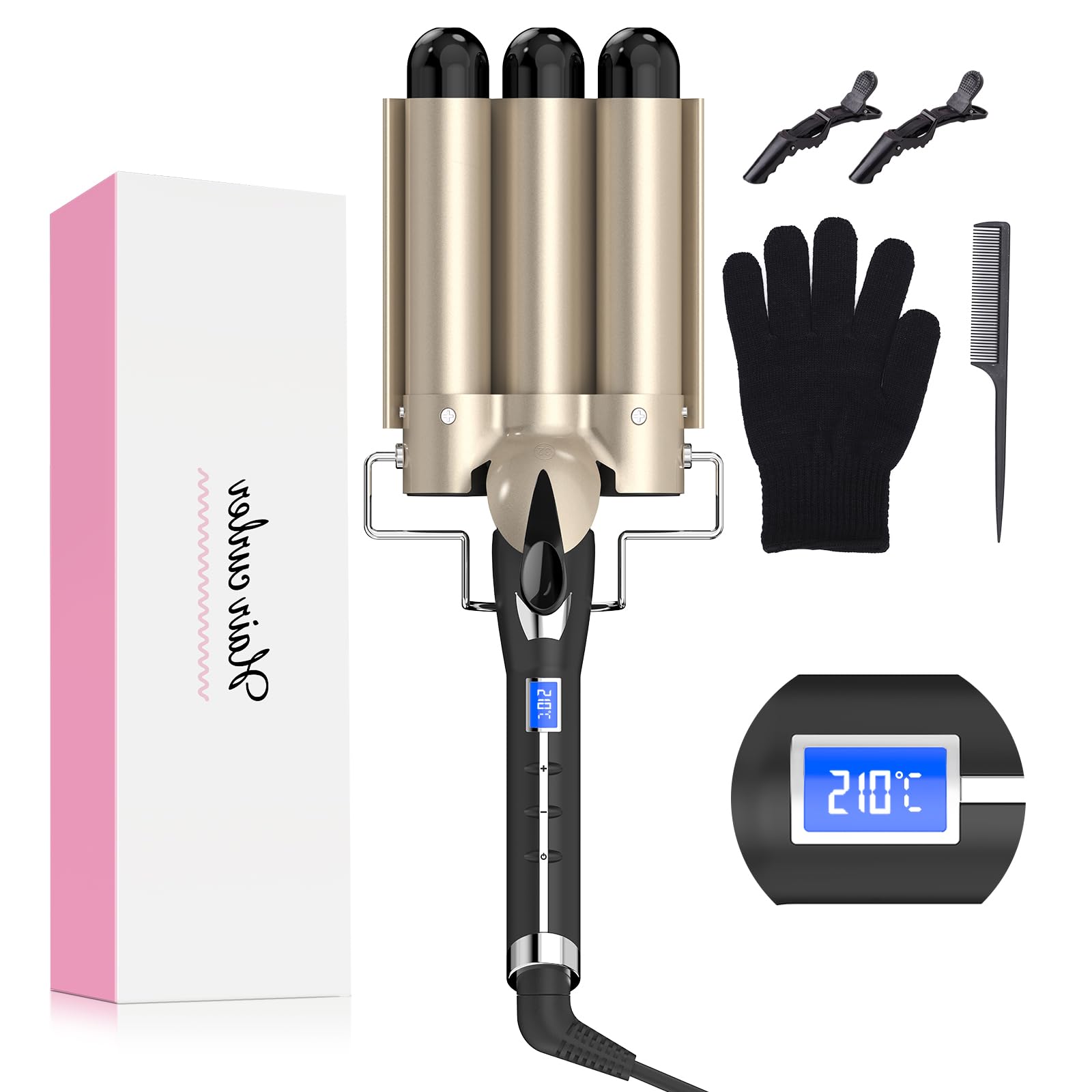 Rizador de pelo 32MM, AIMERVO ONDAS SUELTAS Plancha waves, Placas de cerámica y turmalina, Pantalla digital LCD 14 niveles de temperatura entre 80–210 °C, Desconexión Curler automática tras 60 minutos