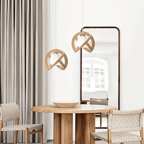 Miniatura 2 de Lámpara colgante de madera estilo rústico retro con globo de vidrio blanco, lámpara colgante Celing para cocina, isla, comedor, dormitorio, pasillo,