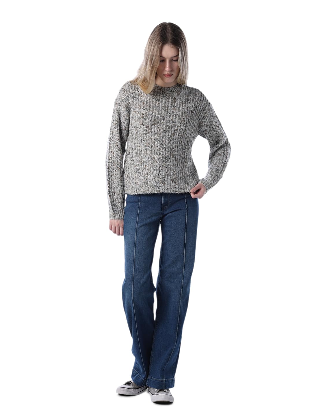 Women's Self Design Loose Fit Grey Sweater-image-2