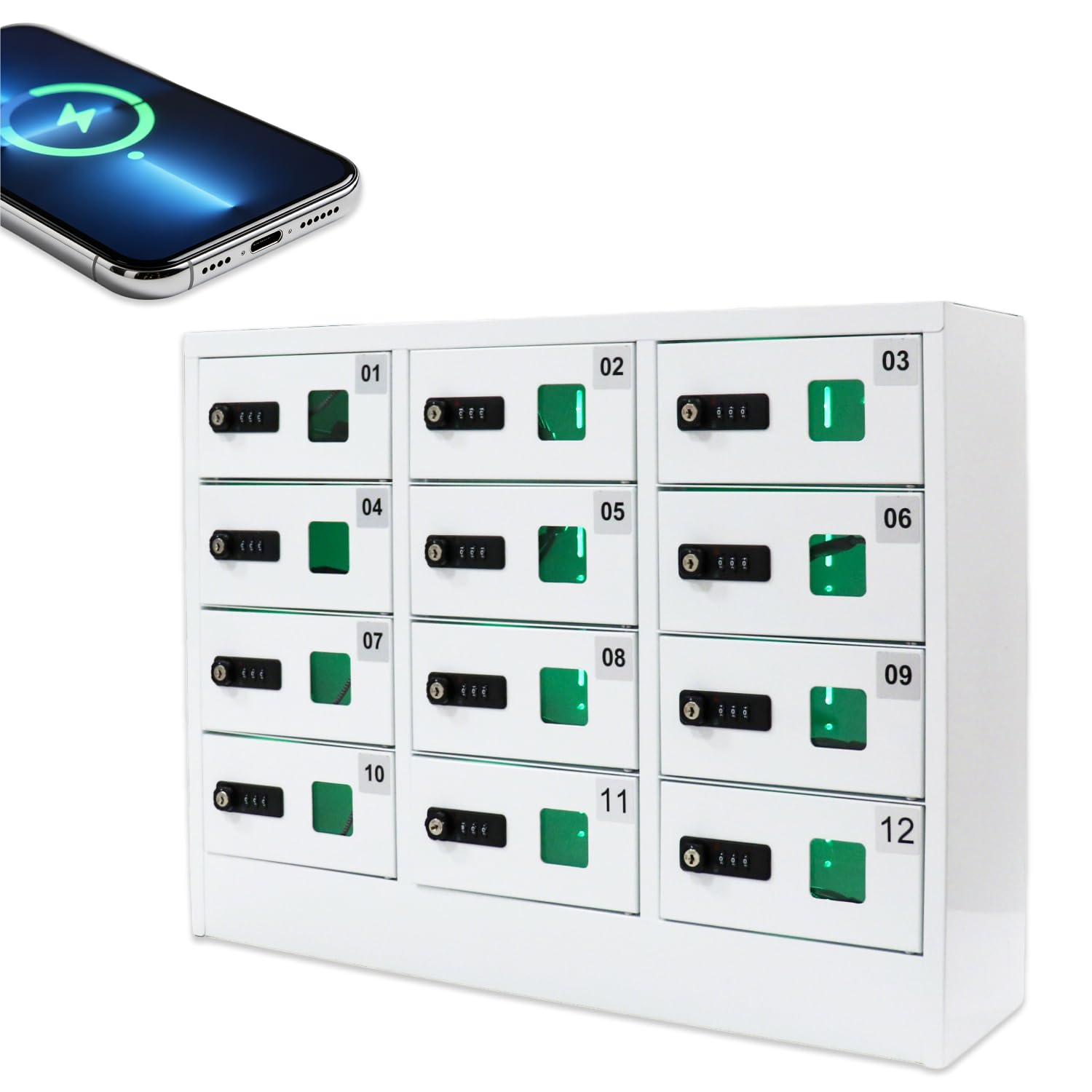 WTRYRN 12-Compartment Device Charging Locker, Emergency Key Access, Overvoltage & Short-Circuit Protection, Transparent Window, for Factory, School