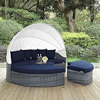 Alternative view of Modern Contemporary Urban Outdoor Patio Balcony Canopy Umbrella Daybed Sofa, Navy Blue, Rattan