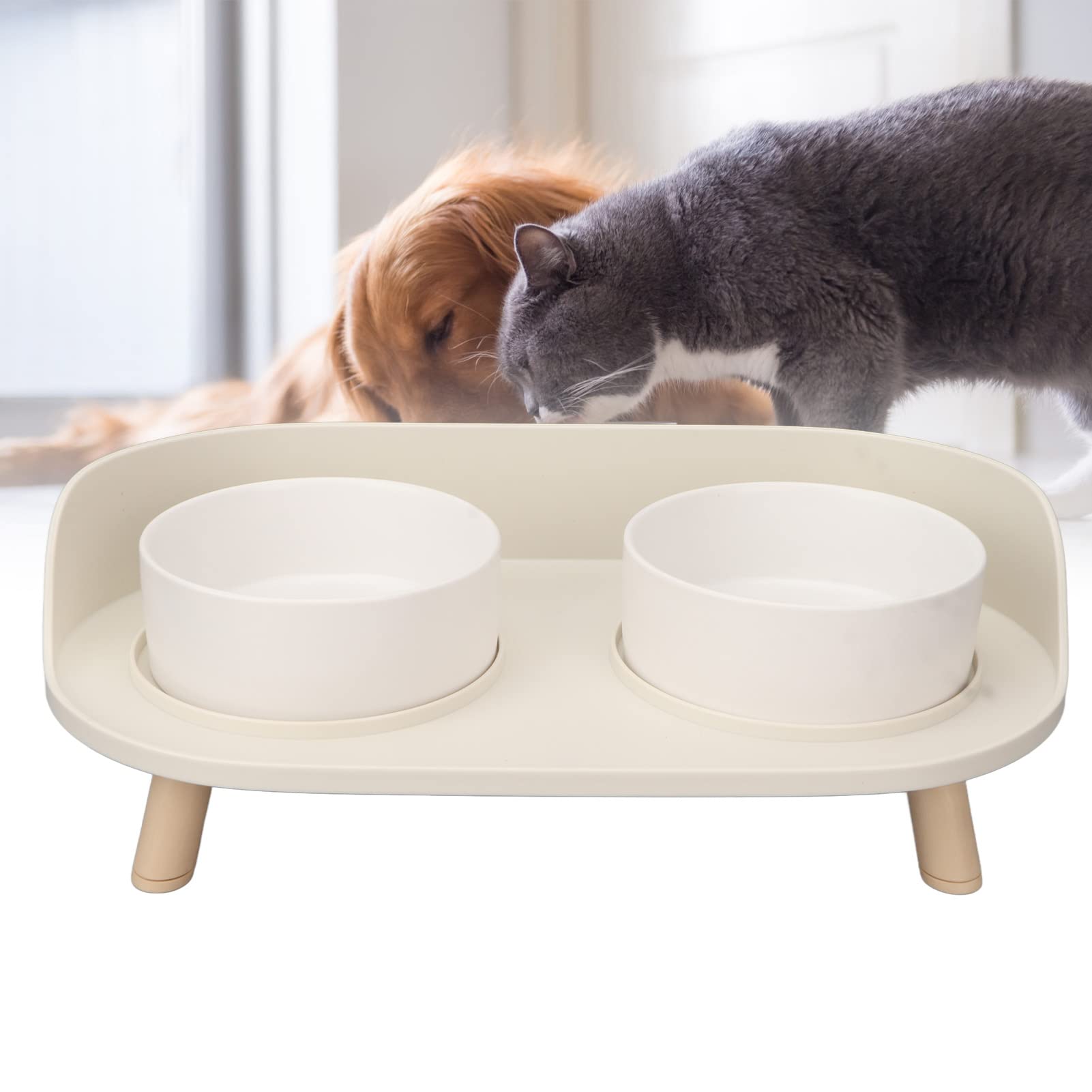 HEEPDD Ciotole per Gatti Domestici, Ciotole Rialzate per Gatti in Ceramica Prevenire la Fuoriuscita Protezione della Colonna Vertebrale Cervicale Doppia Ciotole Rialzate per Acqua Alimentare (Bianco)