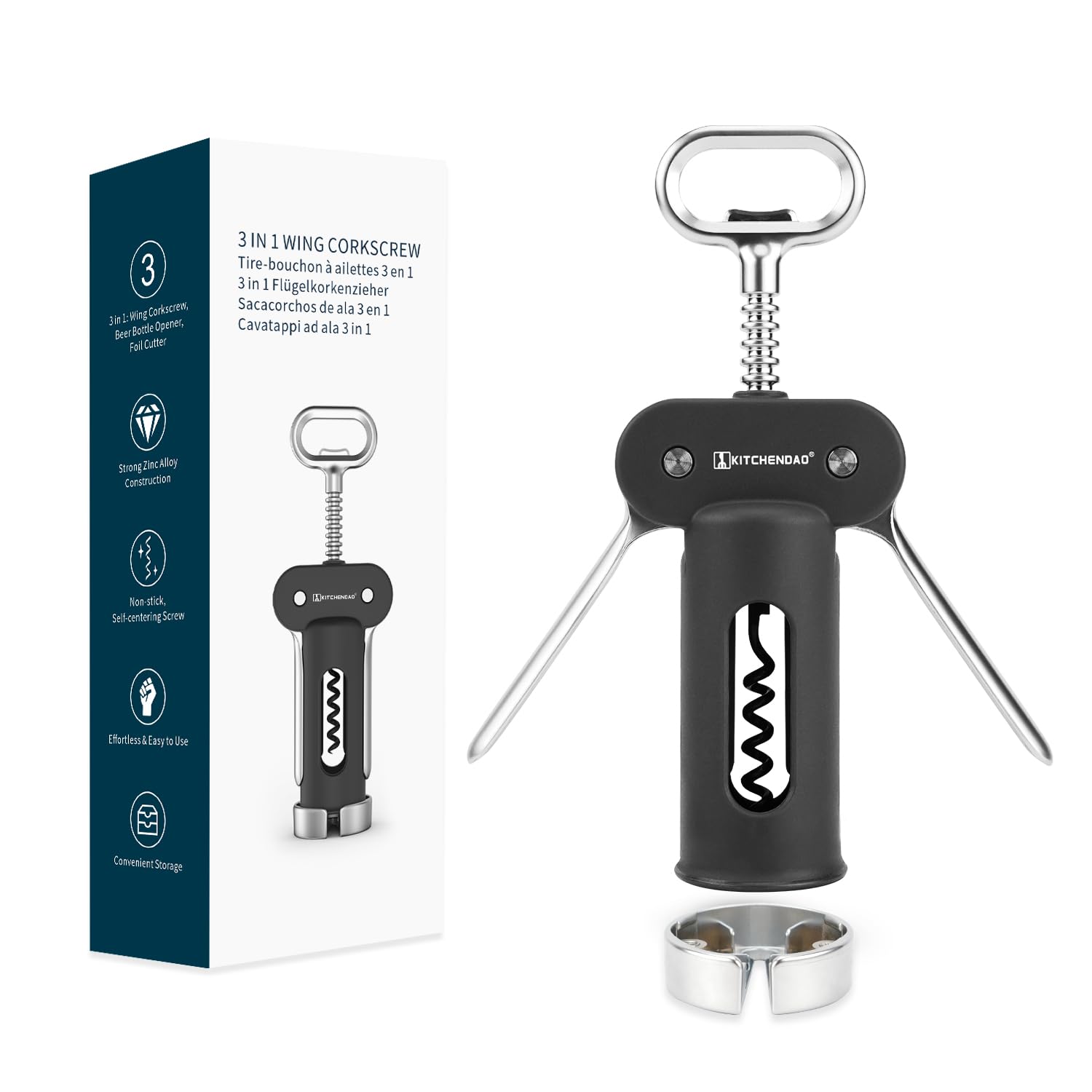 KITCHENDAO 3 in 1 Korkenzieher Wein, Weinöffner mit Abnehmbarem Folienschneider, kapselheber mit Multifunktionalem, Manueller Flaschenöffner für Korken und Kappen, Schwarz
