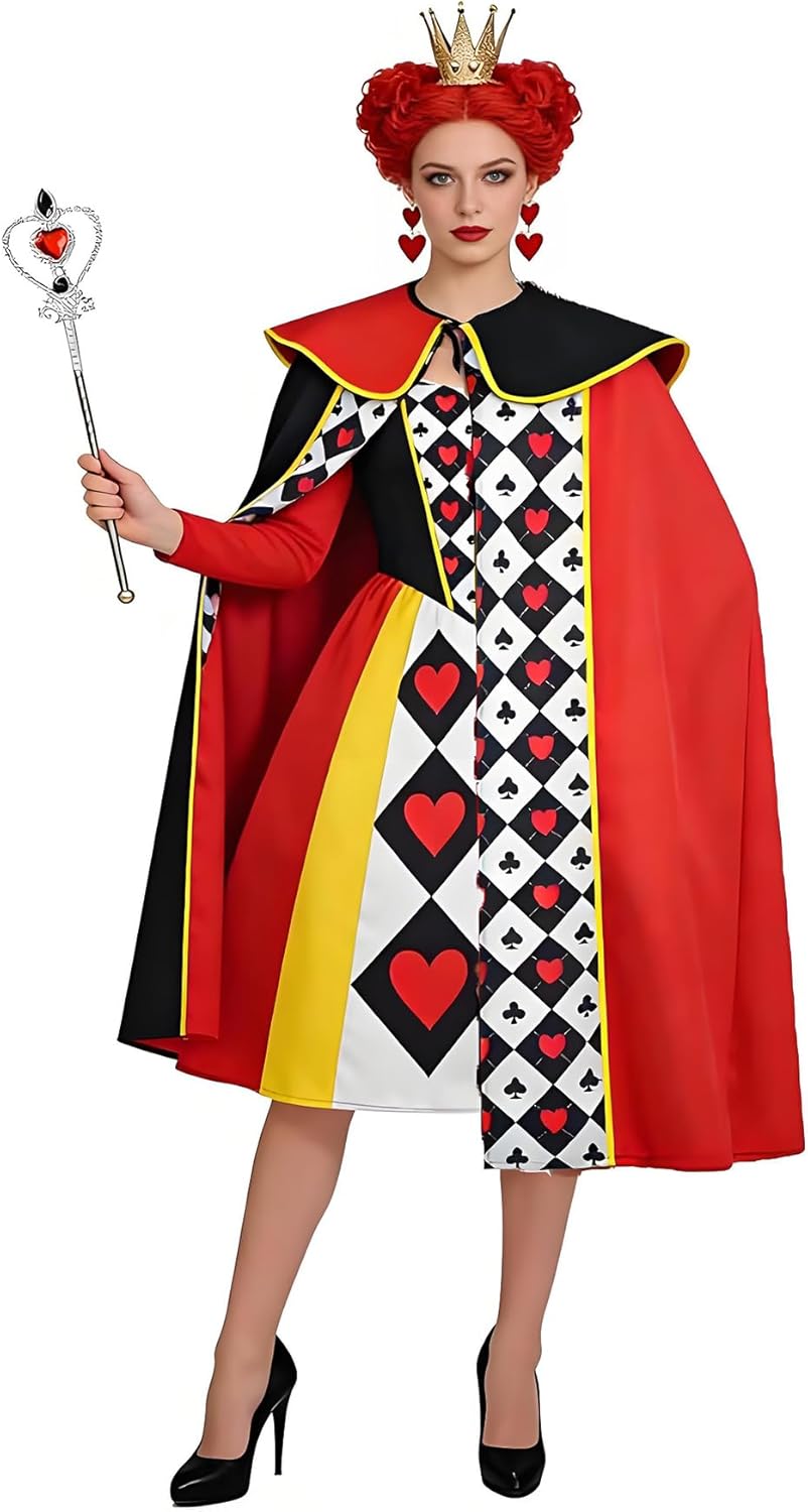 4Pcs Queen Costume Set Red & Black Playing Card Cape,Earrings,Queen Crown Wand for Halloween Theme Party