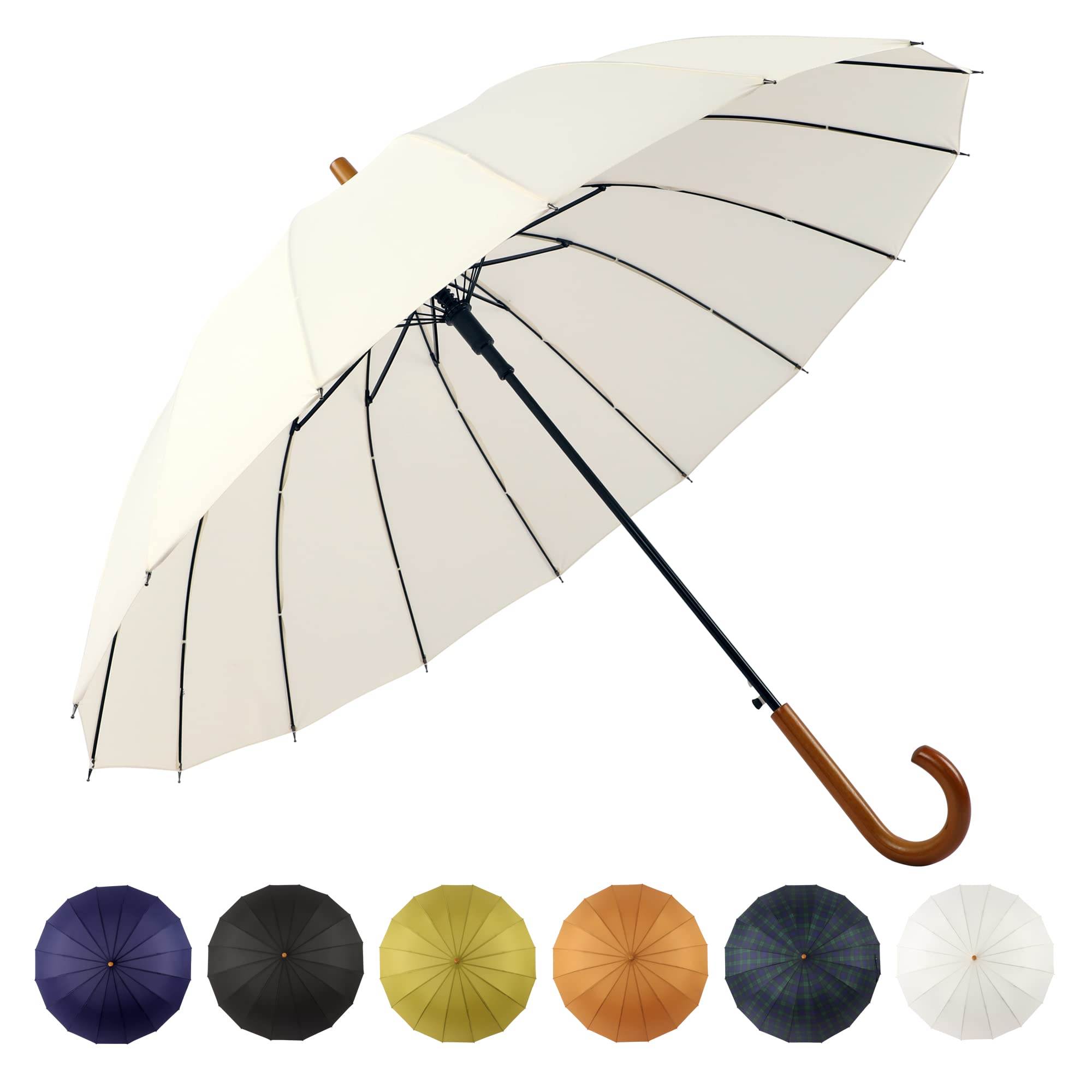 SoulRain'SoulRain 16 Ribs 48'' Stick Umbrella Auto Open Solid Color Fashionable and SimpleArc Classic Wood HandleWindproof Unbreakable Stick Rain Umbrella'