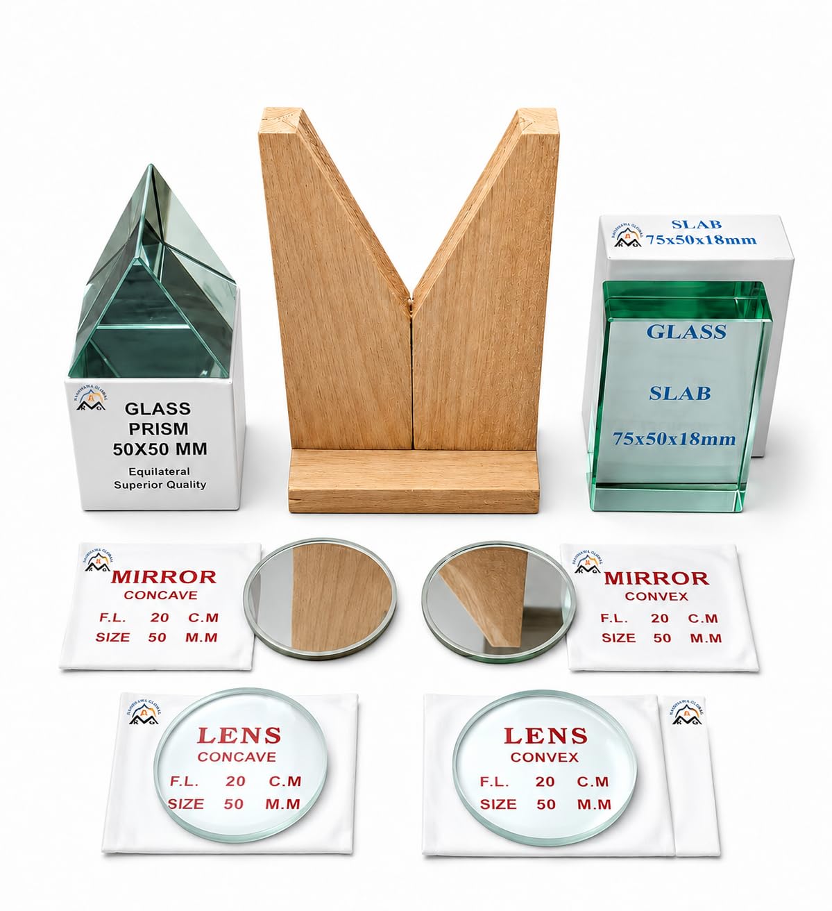 Rg Optical Set| Set Of Convex Lens 50 Mm, Concave Lens 50 Mm, Convex Mirror 50 Mm, Concave Mirror 50 Mm, Prism 50 Mm X 50Mm X 50Mm, Glass Slab 75 X 50 X 18Mm, Mirror/Lens Stand-image-7