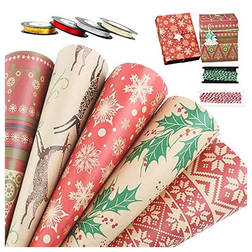 10 Hojas Papel para Envolver Regalos Navidad 70 x 50cm Papeles Envoltura de Colores + 4 Rollos Cintas + 2 Rollos Cuerdas