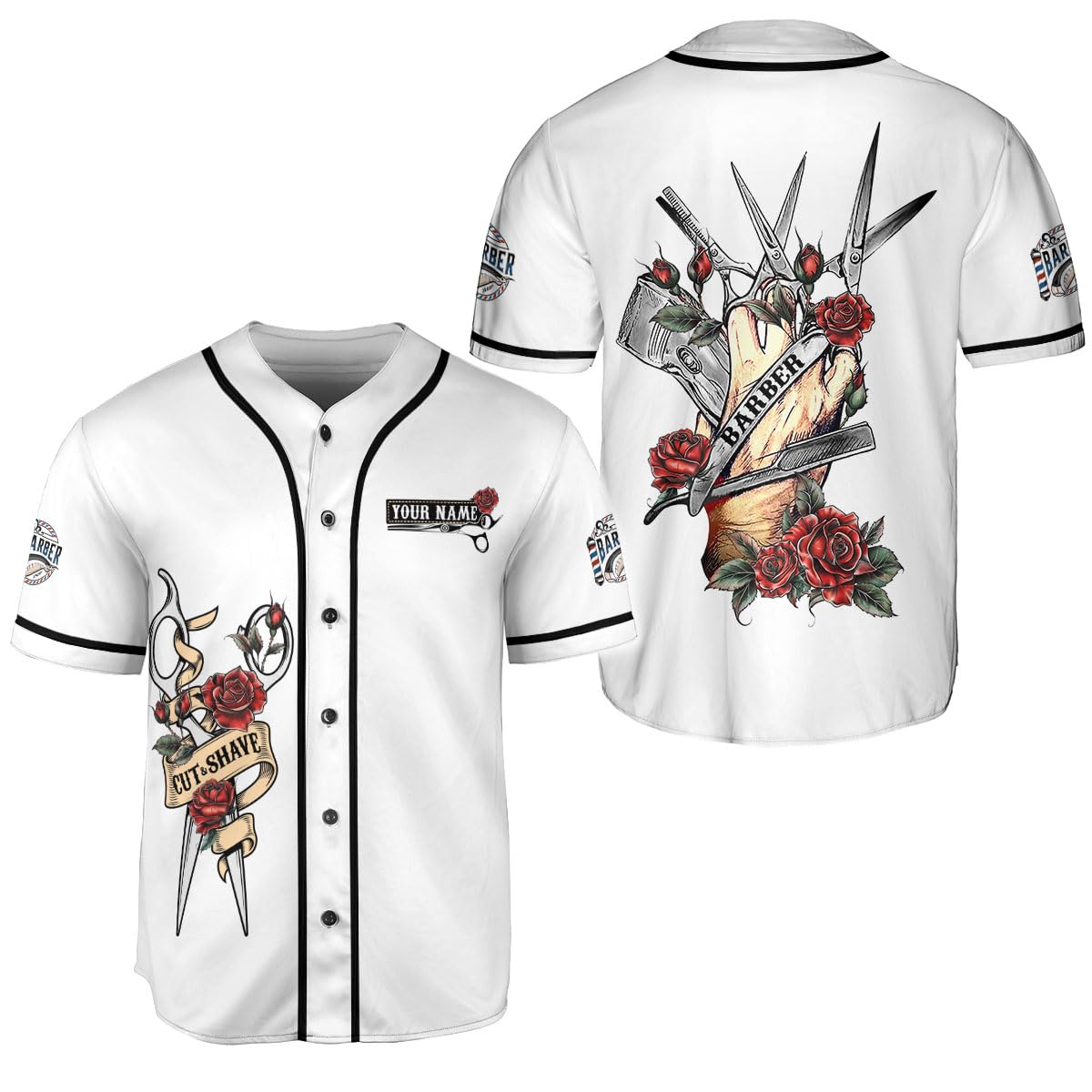 MonkeyVan Personalized Baber Shop Baseball Jersey, Hairdresser Baseball Jersey Barber Life Pole Scissors Barber Blade Barber19 Multicolor