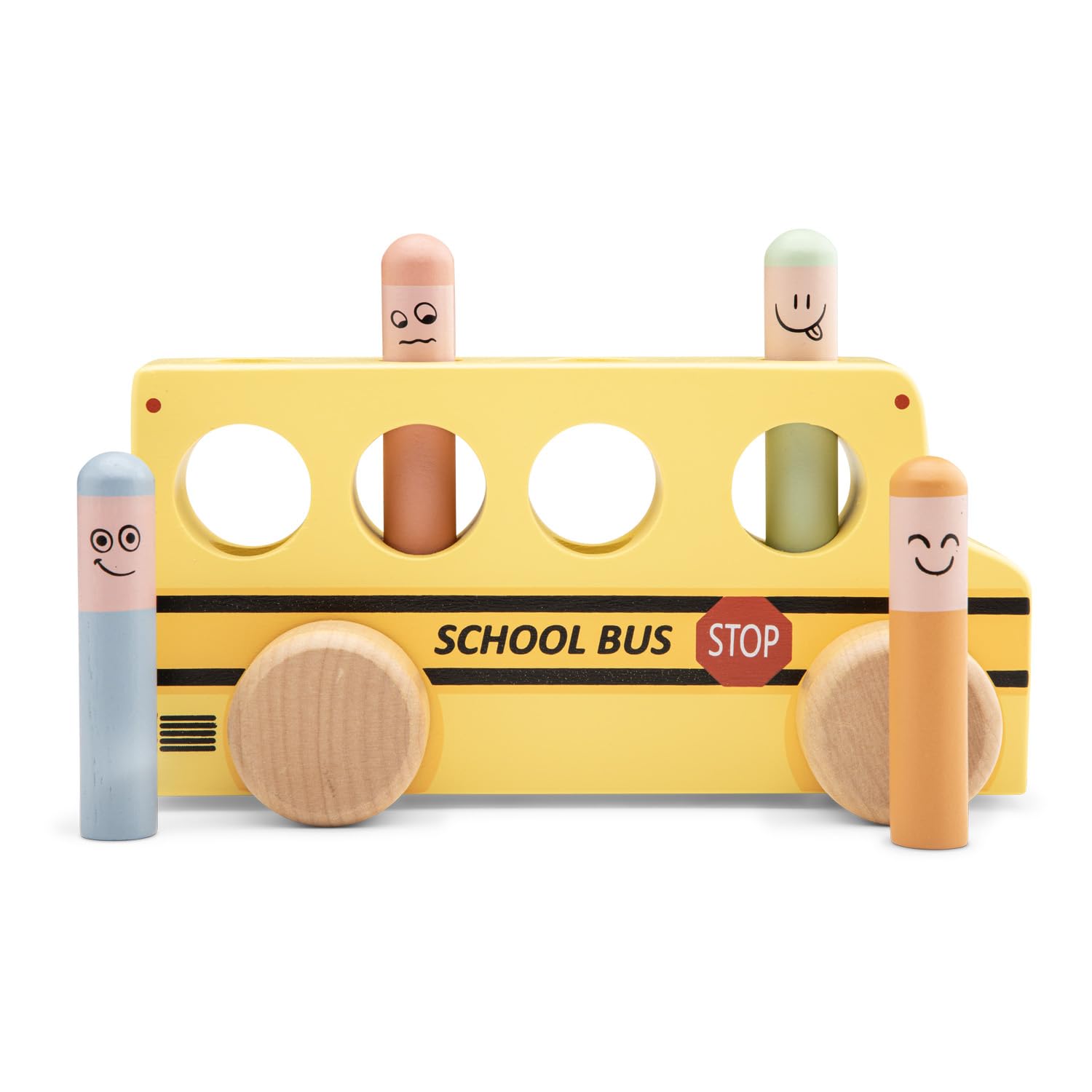 Woet Wooden Pop-Up School Bus, FSC Pretend Play Toy with Spring Figures for Toddlers 24 Months+, Educational Push Vehicle - Image 3
