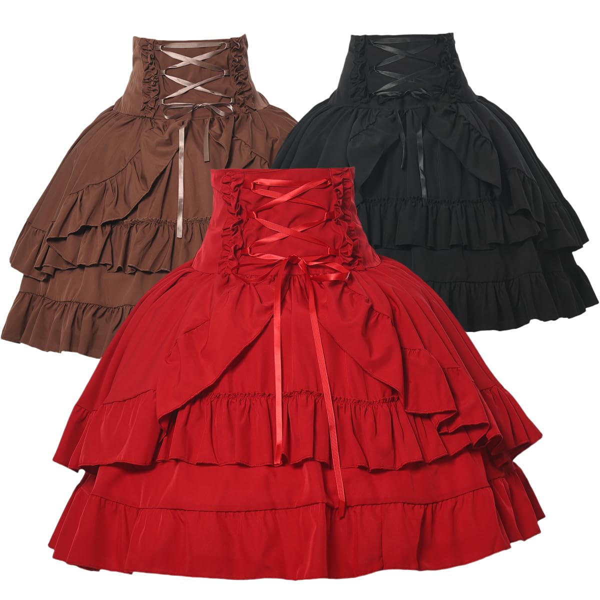 Women's Steampunk Victorian Skirt Renaissance Layered High Waist Vintage Skirt Cosplay Halloween Costume, red, M