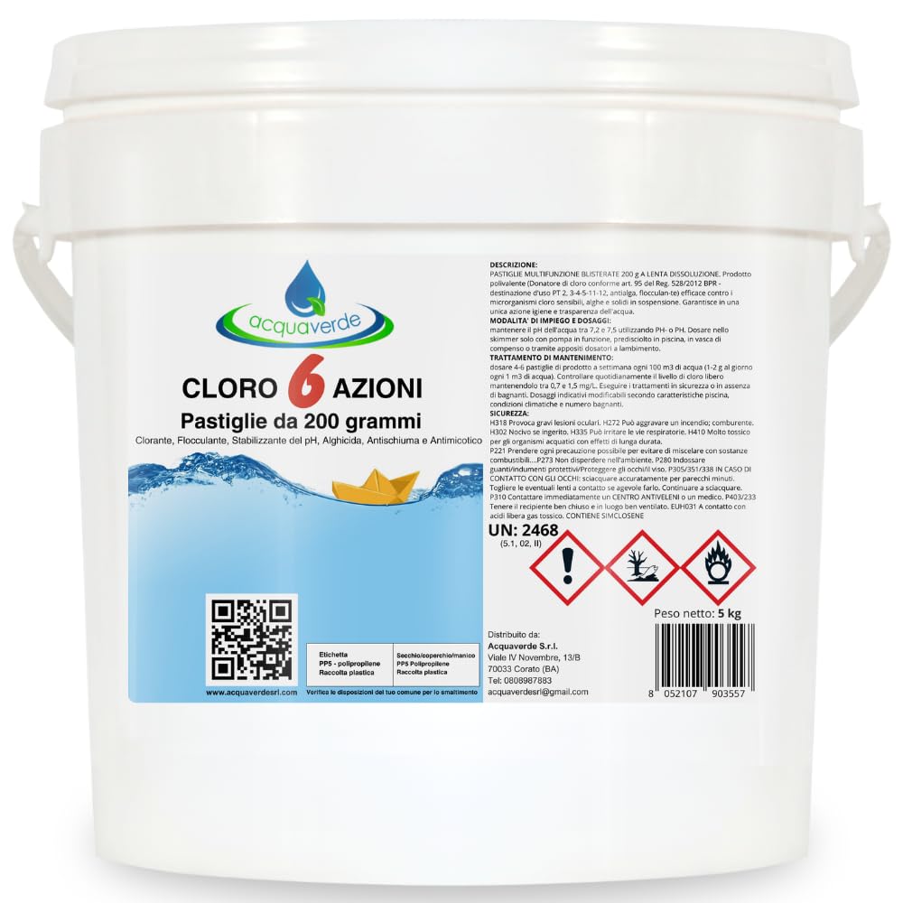 acquaverde | Cloro 6 AZIONI in Pastiglie da 200 grammi, 5 kg di NUOVO Multiazione per Piscina, Trattamento acqua: Clorazione, Alghicida, Flocculante, Stabilizzante del Ph, Antischiuma, Antimicotico