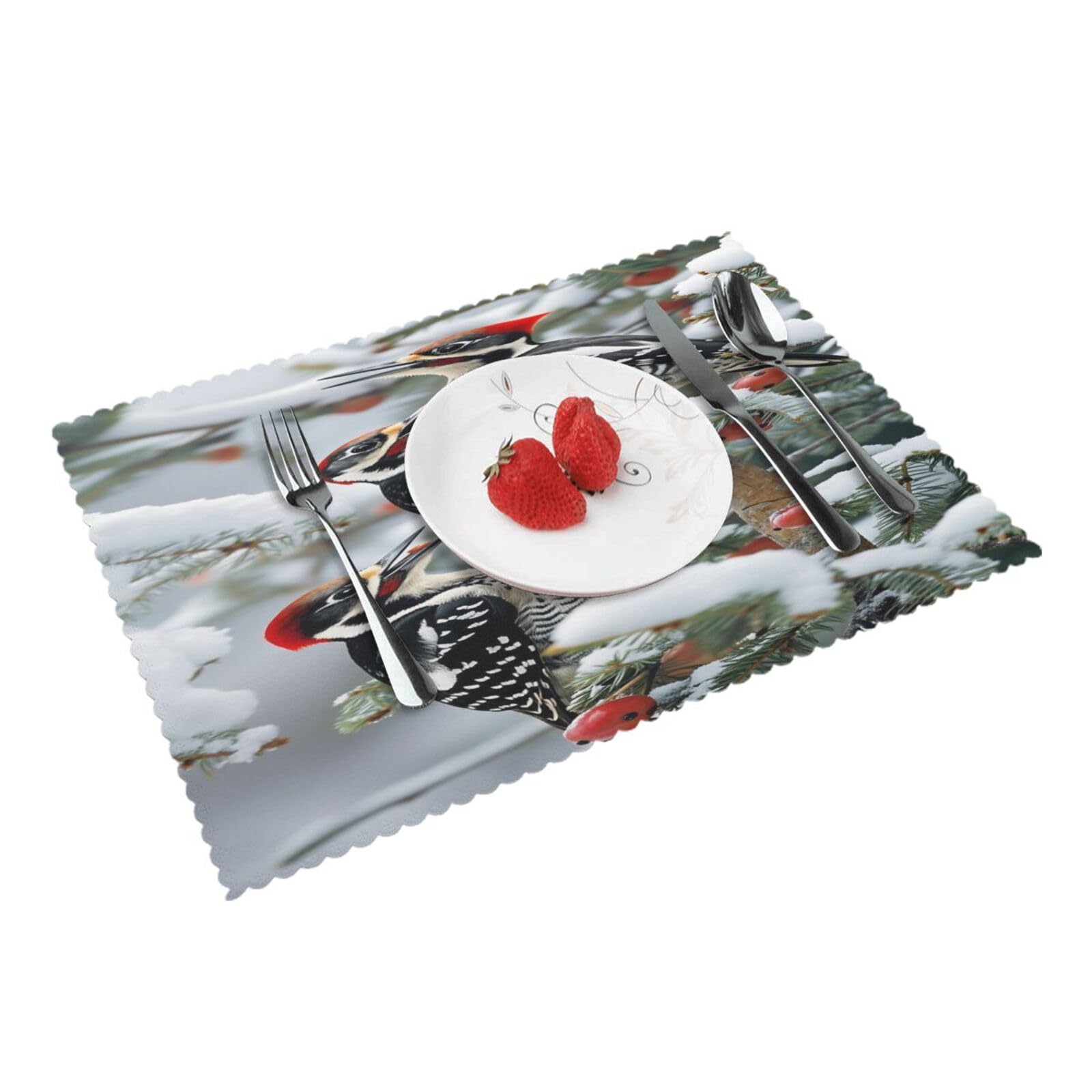 Woodpecker Winter Snow Berries Placemats Set of 4 Print Table Mats Place Mats Table Decor for Kitchen Dining 12X18 in