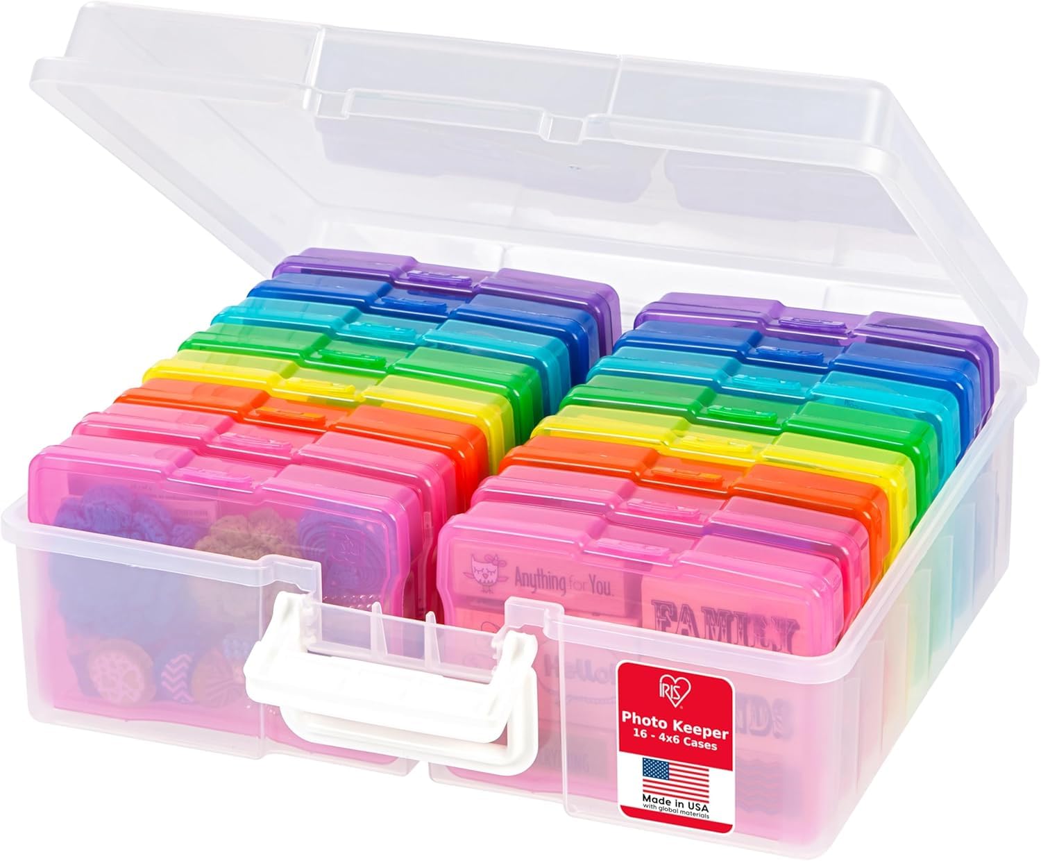IRIS USA Photo Storage Case with 16 Inner 4" x 6" Picture Cases, Transparent Handle Container Organization Scrapbooking Stationery, Multi-color