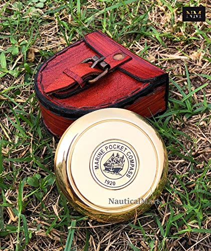 Brújula de latón antiguo con estuche de cuero miniatura 2