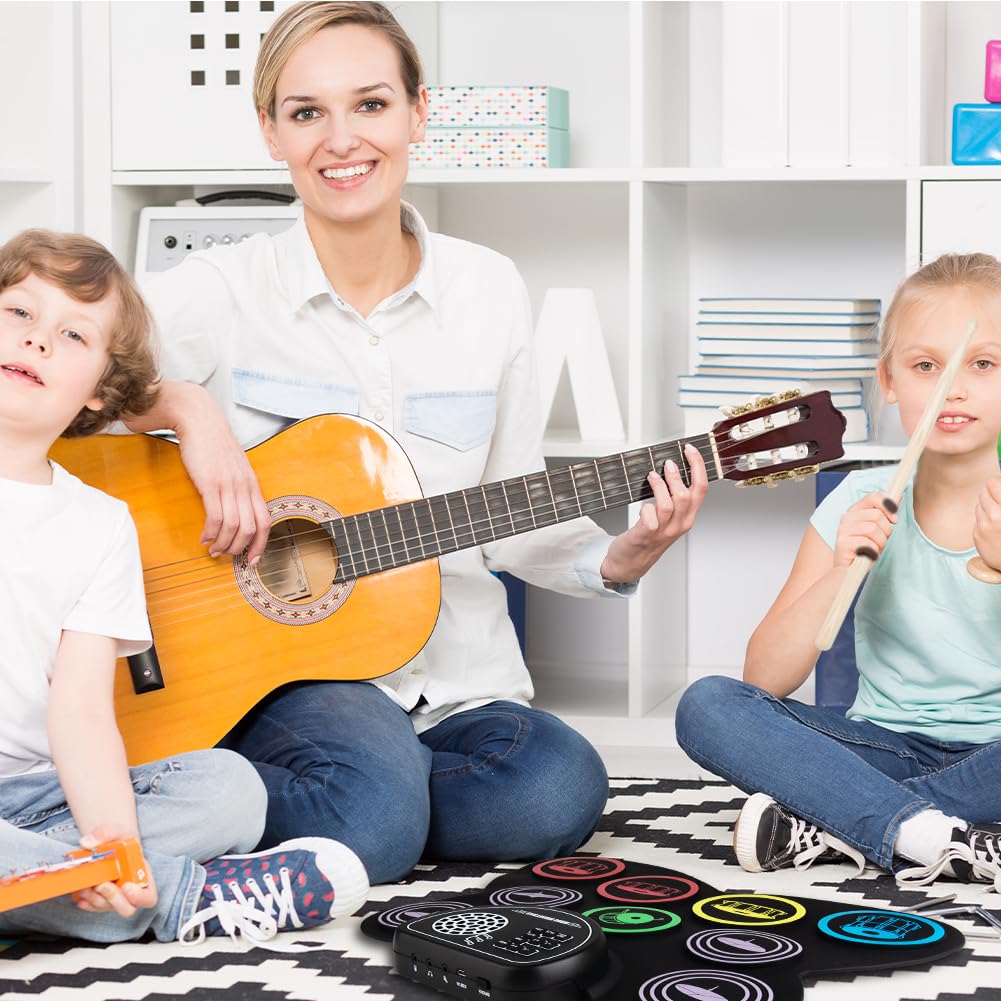 OFFCUP Batteria Elettronica Portatile 9 Pads Electronic Drum Kit con 2 Bacchette e Pedali Altoparlanti Stereo Pieghevole Roll Up Tamburo Digitale per Bambini Adulti Principianti