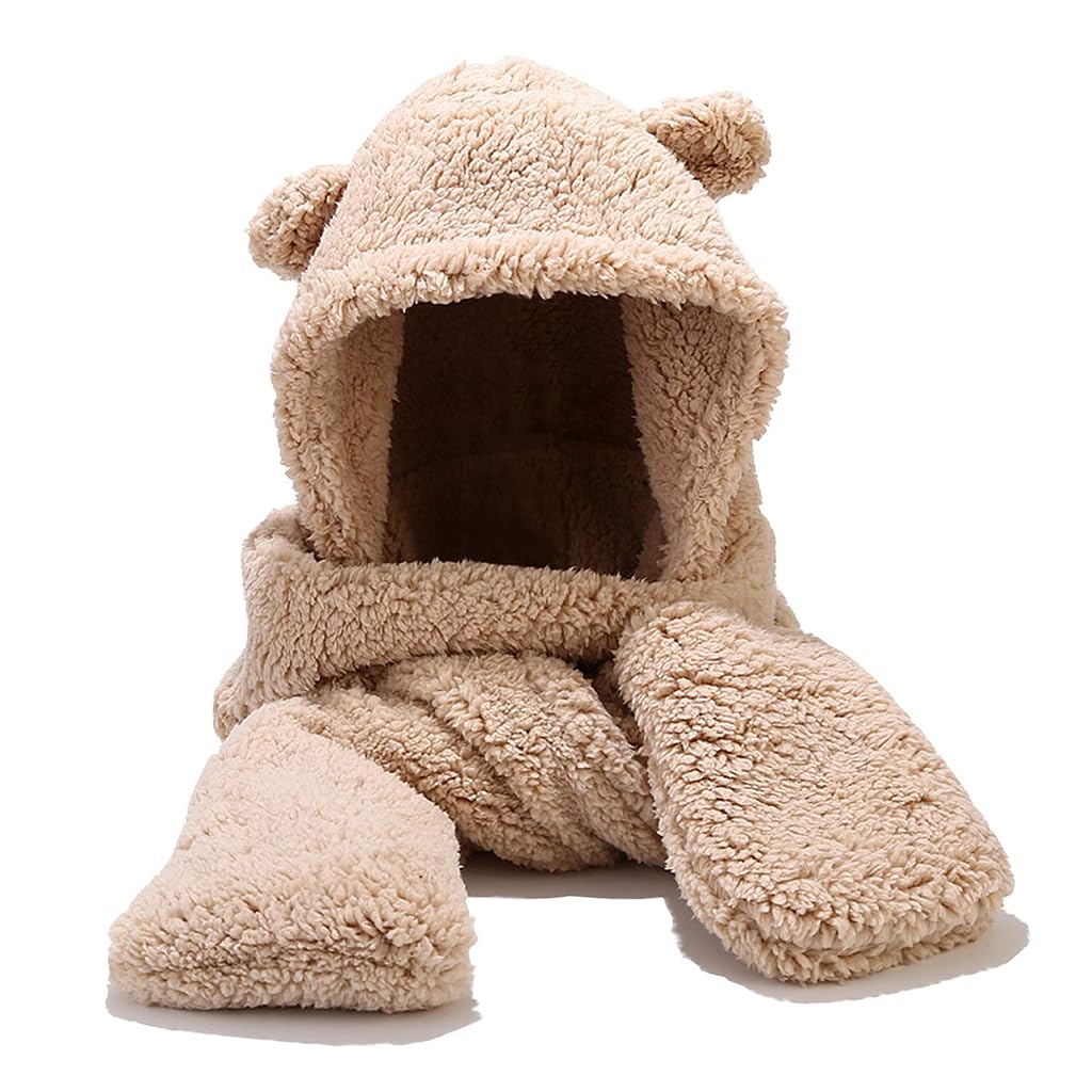 Bear Ear Winter Cap for Women,Cute Bear Hood Hat Winter Wear Scarf Hat for Ladies,Fashion Warm Women Accessories with Extended Long Scarf & Gloves