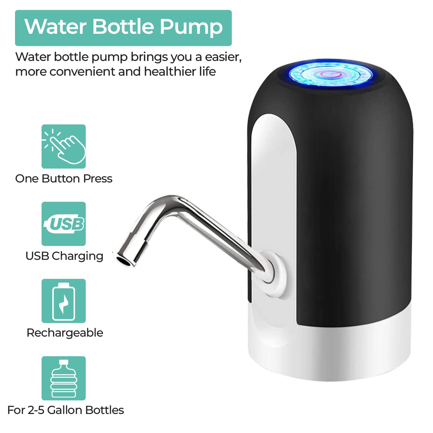 Pompa per bottiglie d'acqua, XU, distributore automatico d'acqua, interruttore elettrico portatile di ricarica USB per bottiglie universali da 3-5 galloni per uso domestico, in ufficio e all'aperto (n