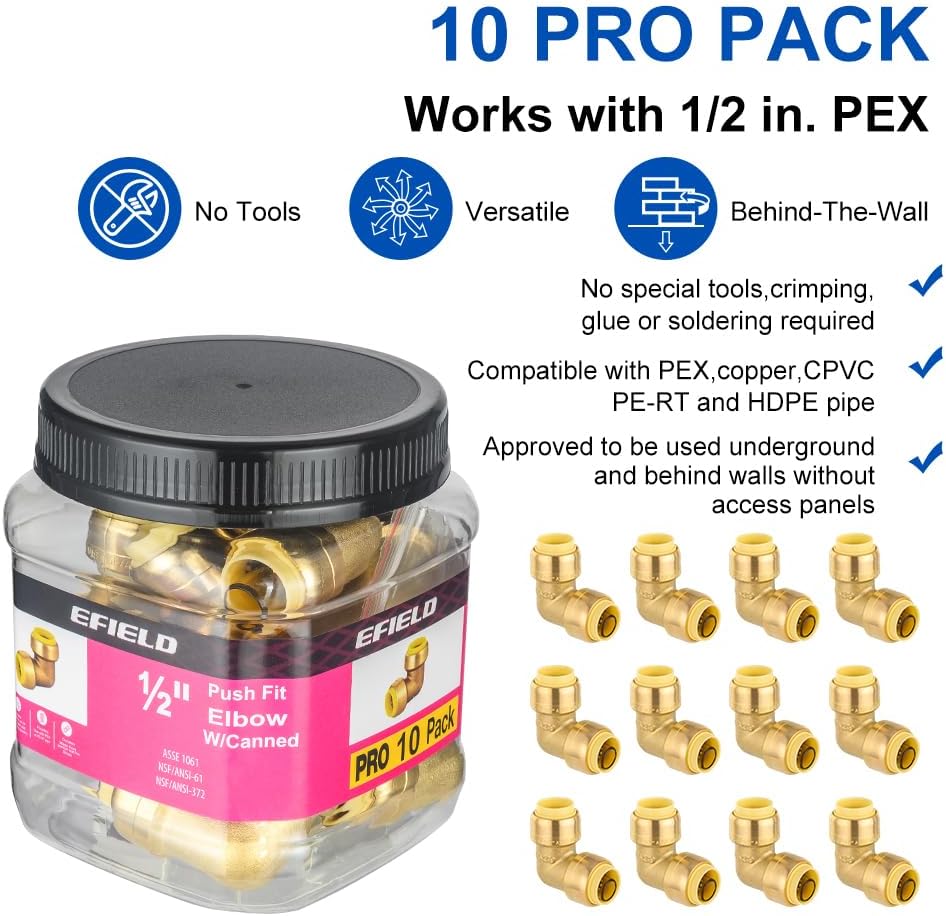Pro 10-Pack EFIELD 1/2-Inch X 1/2 Inch Elbow Brass Fittings, Push-Fit Brass Fitting to Connect Pex, Copper, CPVC, cUPC Certifed,(PF198)