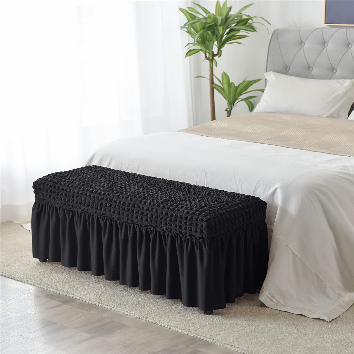 SZJIAHTM Dining Bench Soft Stretch Slipcover with Skirt Polyester Footstool Protector Bubble Lattice Piano Bench Covers for Living Room and Bedroom