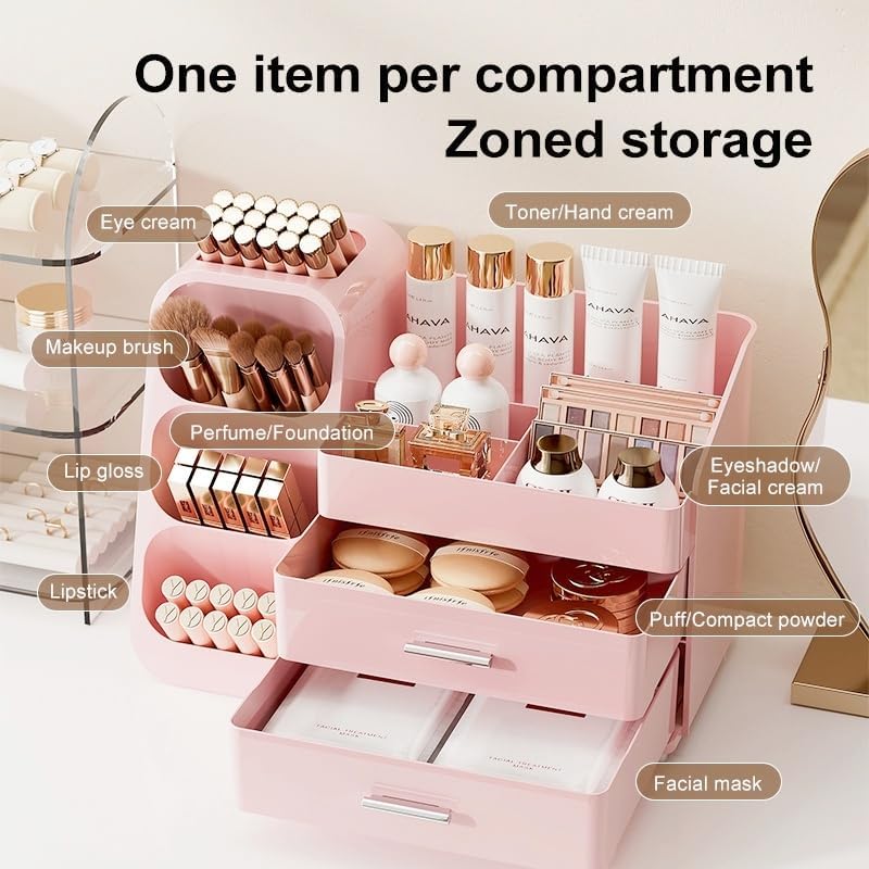 Makeup Organizer with Drawers,Large Capacity Countertop Organizer for Vanity,Bathroom and Bedroom Desk Cosmetics Organizer,Easy To Storage Skincare,Brushes,Lotions,Lipstick (All Pink) - Image 4