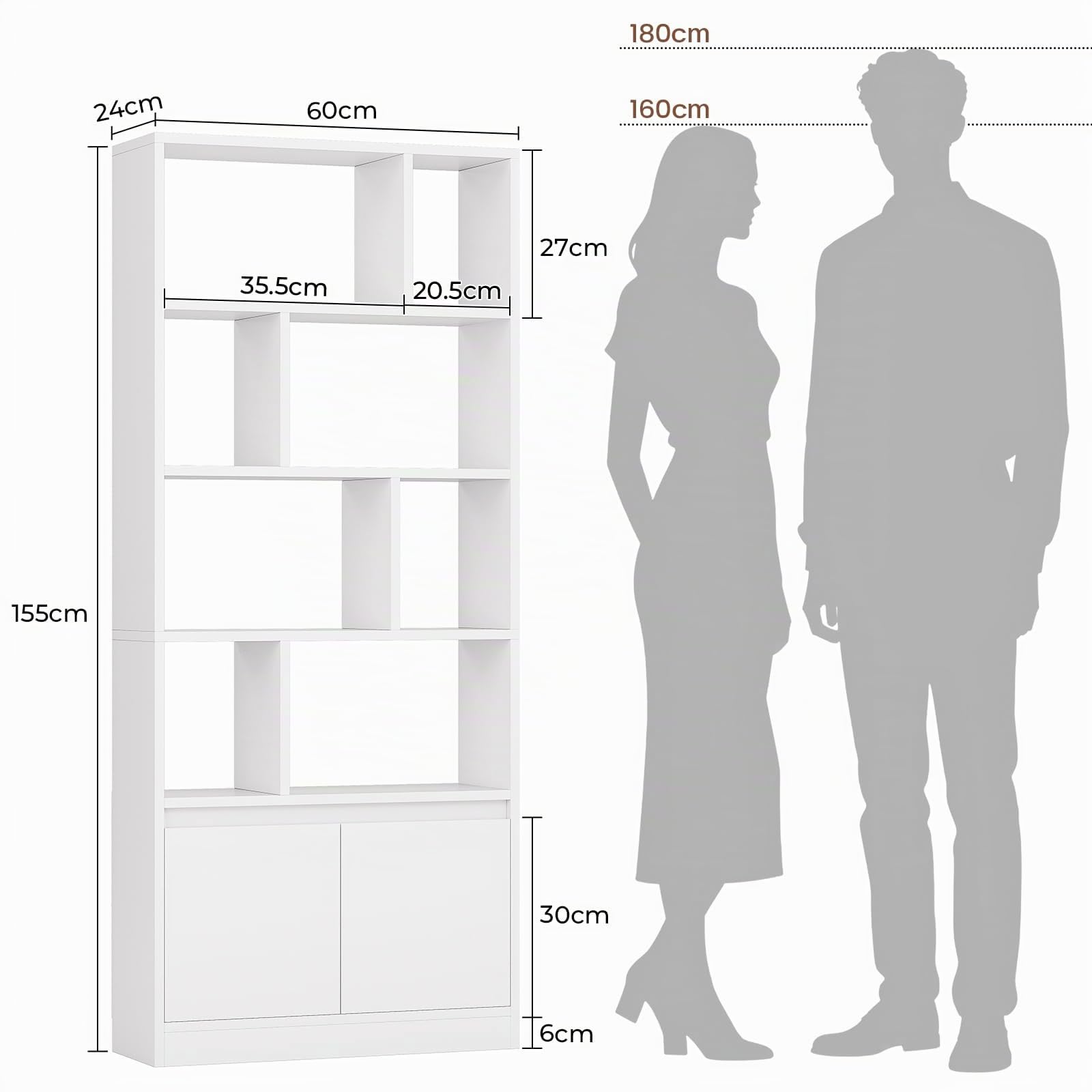 Bibliothèque à 4 Niveaux avec Portes, Présentoir, Meuble de Rangement avec 1 Armoire et 6 Compartiments Ouverts pour Salon, Chambre, Bureau, 24 x 60 x 155 cm, Blanc