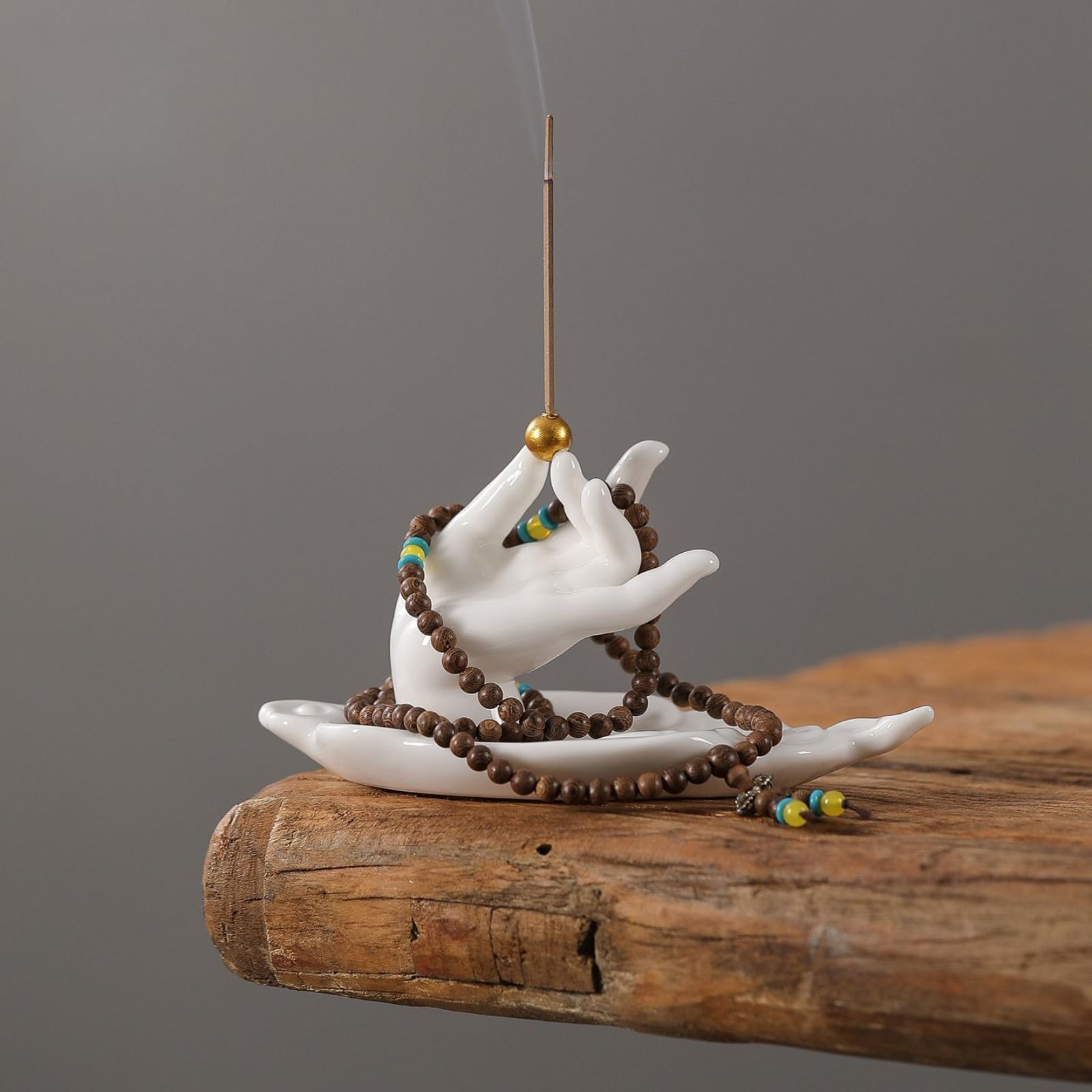 Porta incenso, 16,5 cm / 6.4in, in porcellana bianca, mano di Buddha