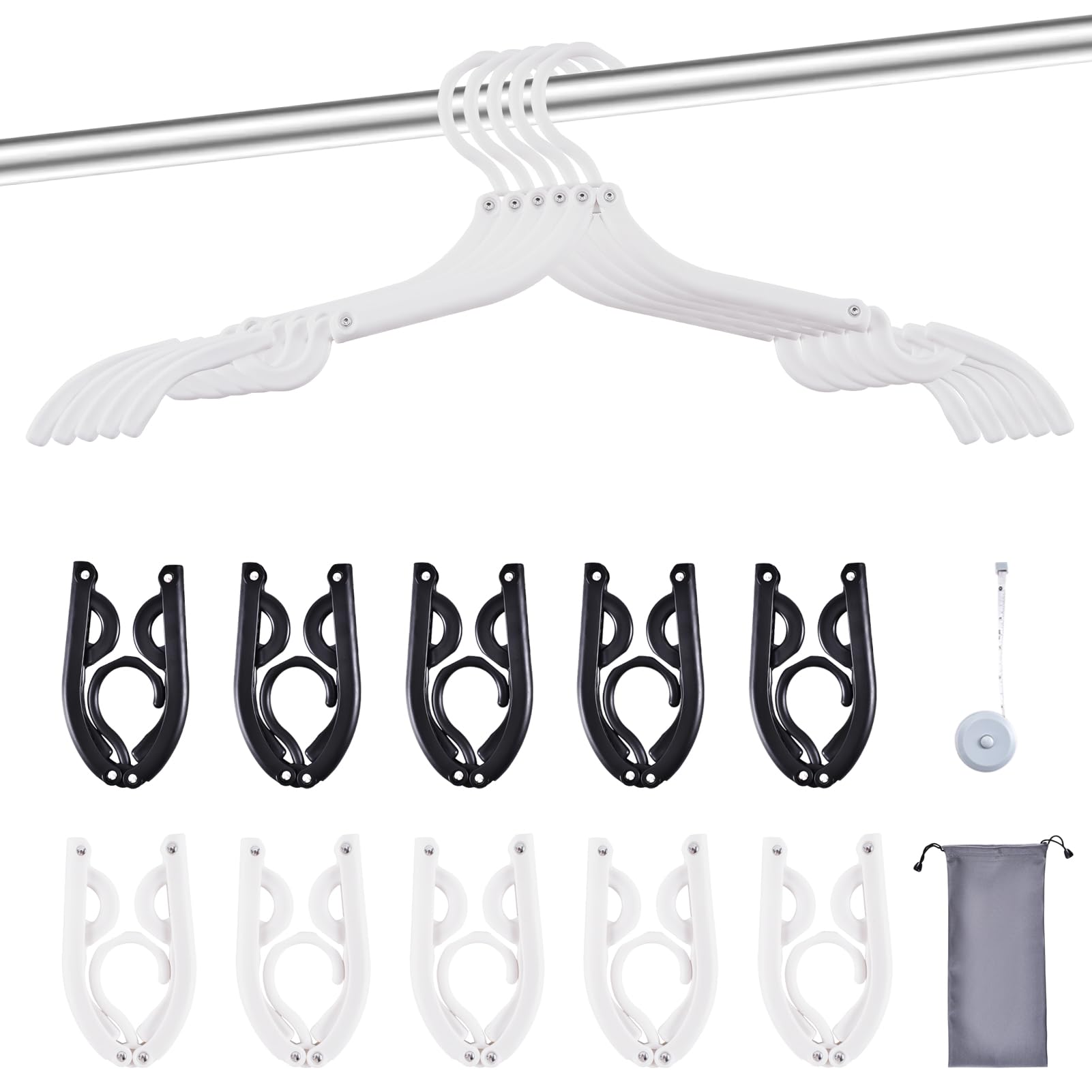Grucce pieghevoli da viaggio con confezione regalo, in ABS ispessito e rivetti in alluminio, design antiscivolo per vestiti delicati, compatte, 14,9 x 7,6 cm, confezione da 10, nero/bianco