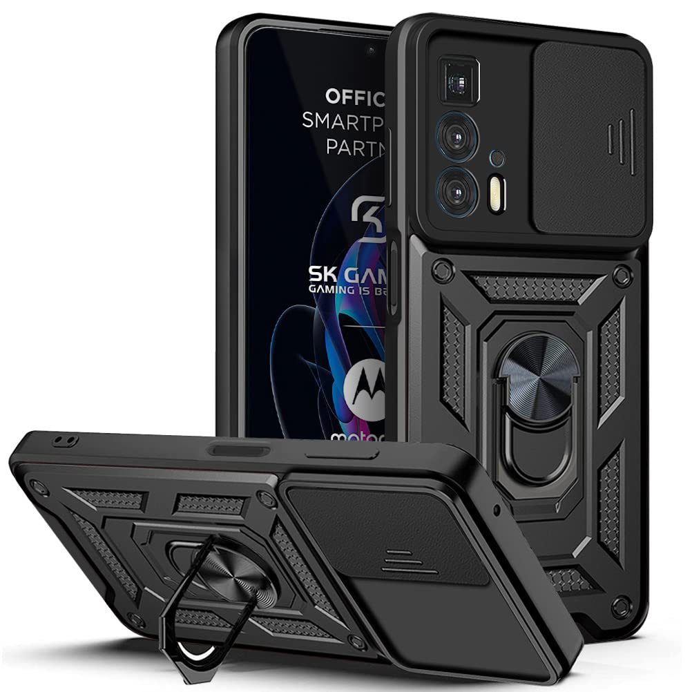 CCSmallCase for Motorola Moto Edge 20 Pro with Slide Camera Cover,Military Grade Heavy Duty Protection Phone Case Cover with Magnetic Ring Kickstand for Motorola Moto Edge 20 Pro SJ Black