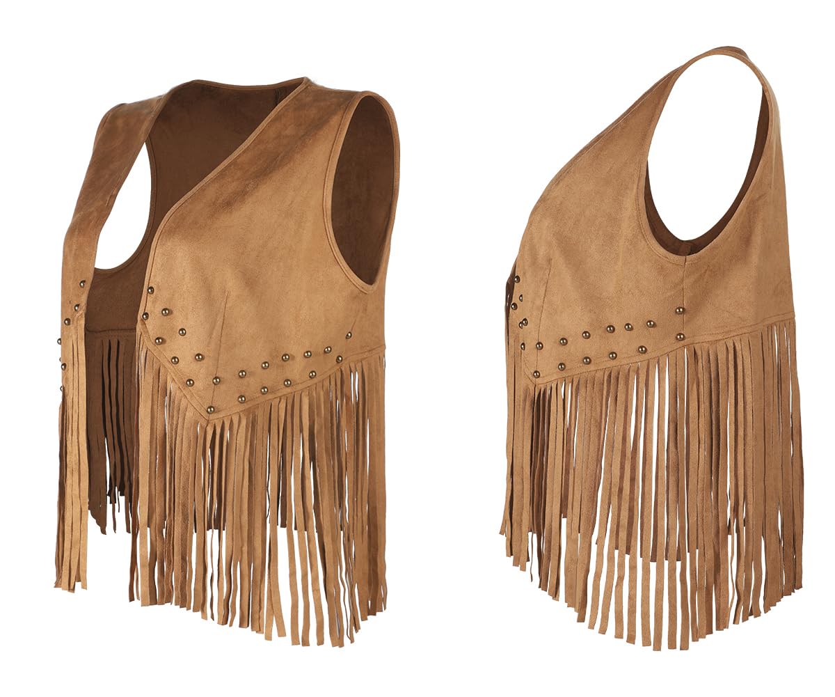 QCHOMEE Women Sleeveless Short Jackets Cowboy Hat Outfits Set Ladies Retro Western Cowgirl Hippie Costume Vest with Tassel Faux Suede Cowboy Hat Fringe Vest Fancy Dress Costume Set Brown - Image 3