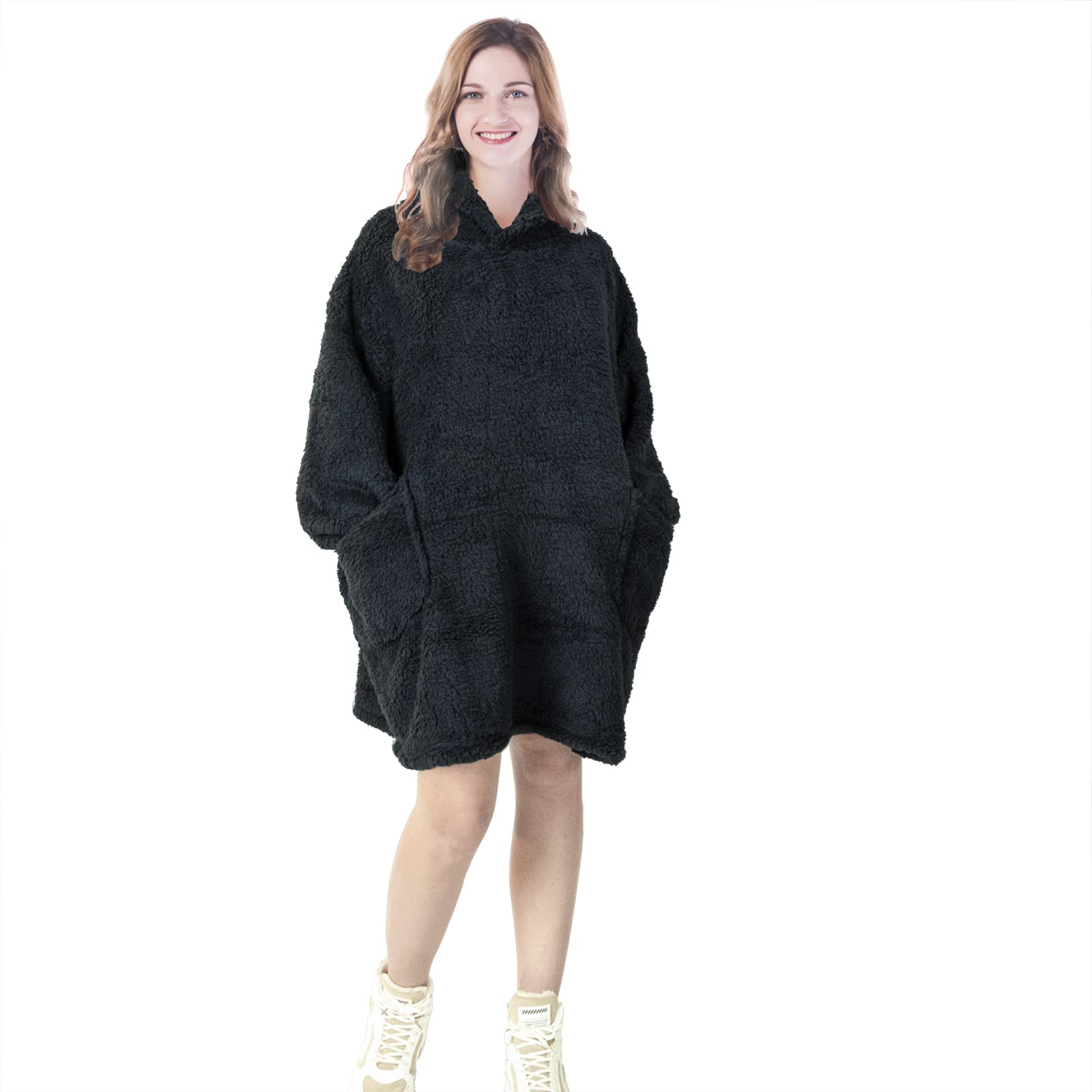 Ehc Unisex Teddy Hoodie - Black Oversized Wearable Soft Warm Teddy Fleece Hoodie Sweatshirt Cuddly Blanket, Gift For Her, Gift For Him 80 X 90 Cm, Black